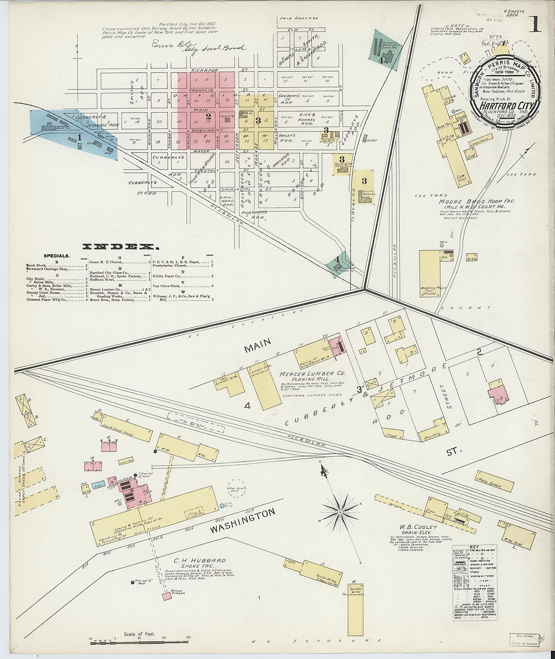 This old map of Hartford City, Blackford County, Indiana was created by Sanborn Map Company in 1892