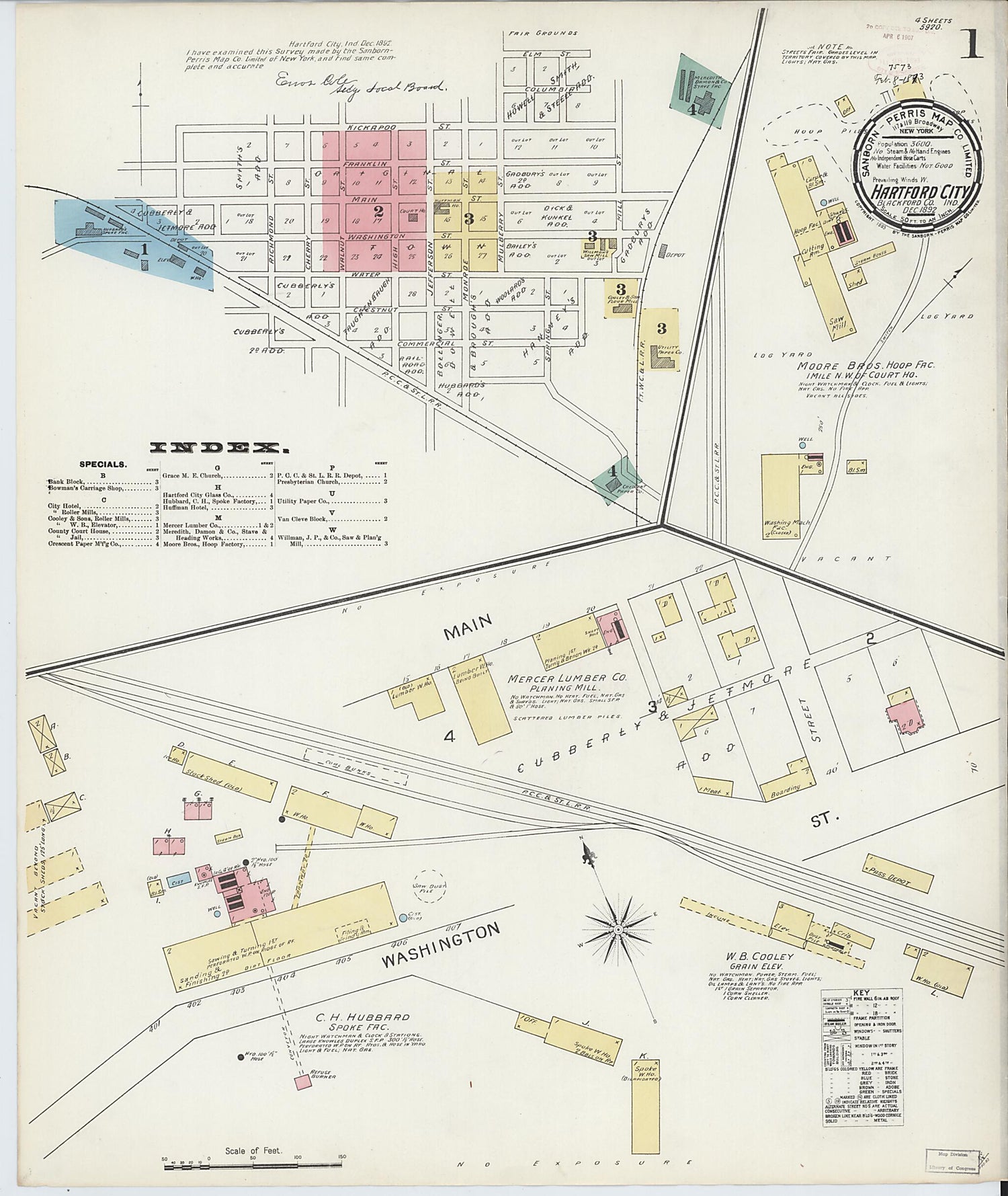 This old map of Hartford City, Blackford County, Indiana was created by Sanborn Map Company in 1892