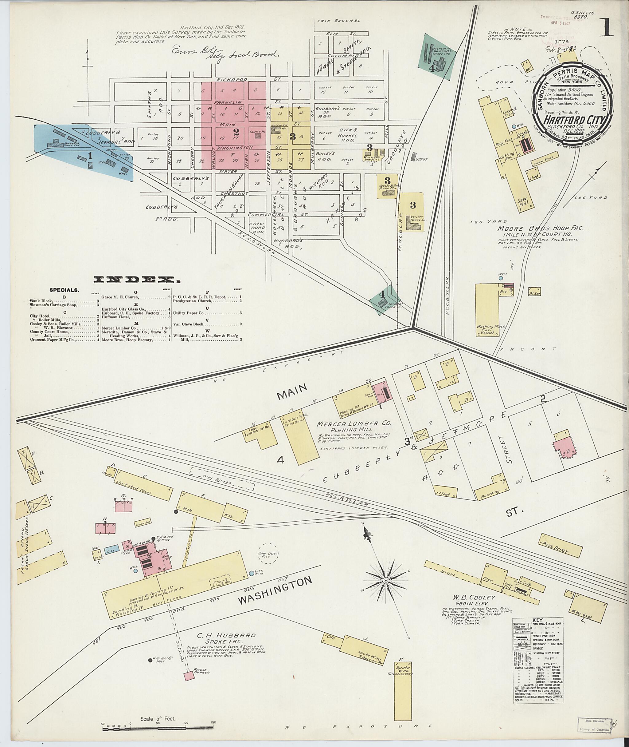 This old map of Hartford City, Blackford County, Indiana was created by Sanborn Map Company in 1892