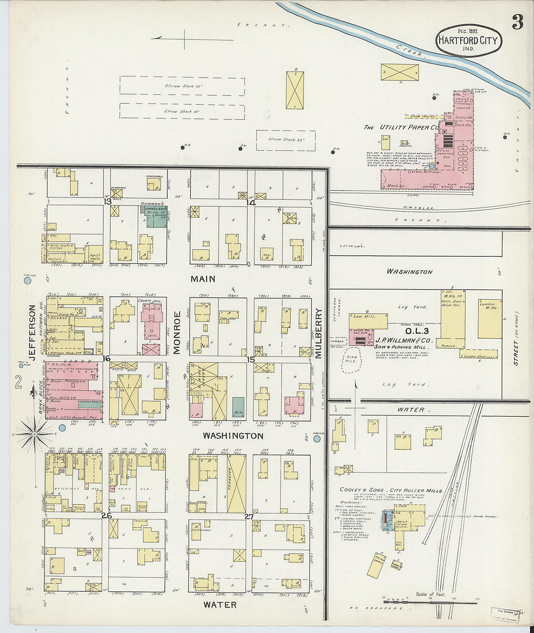 This old map of Hartford City, Blackford County, Indiana was created by Sanborn Map Company in 1892