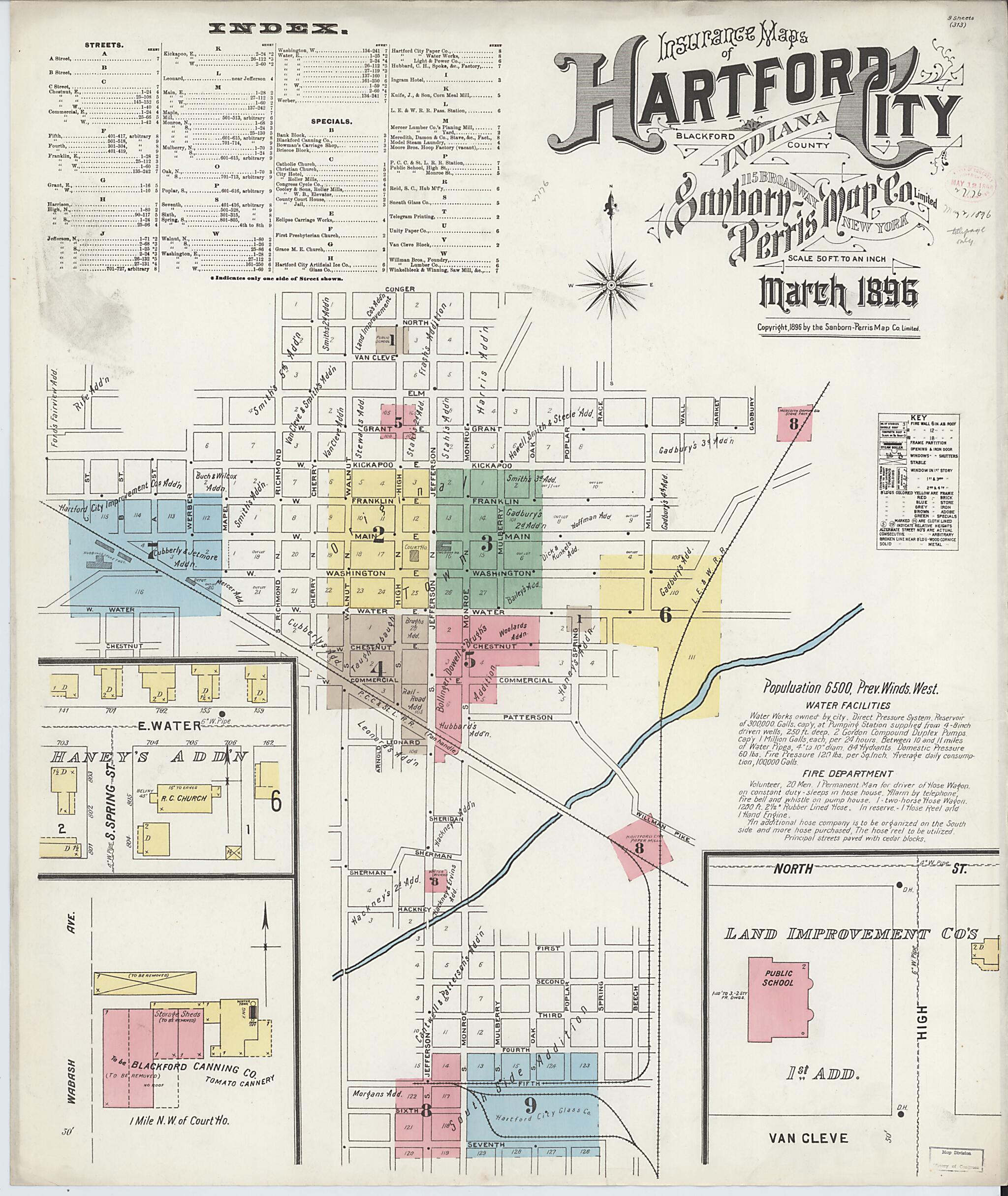 This old map of Hartford City, Blackford County, Indiana was created by Sanborn Map Company in 1896