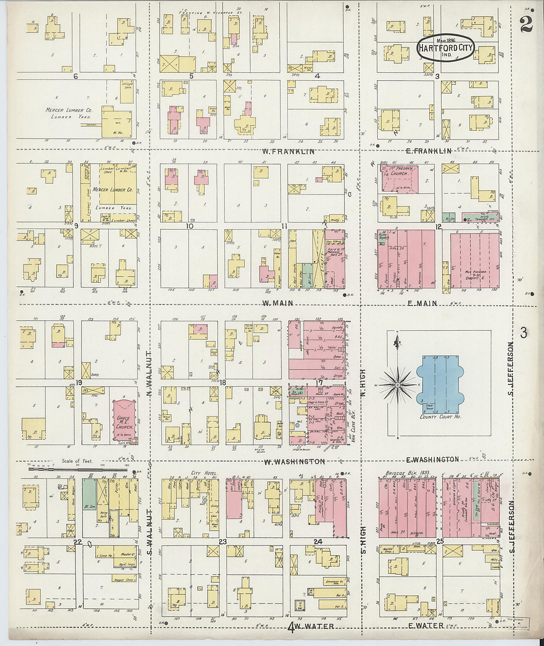 This old map of Hartford City, Blackford County, Indiana was created by Sanborn Map Company in 1896