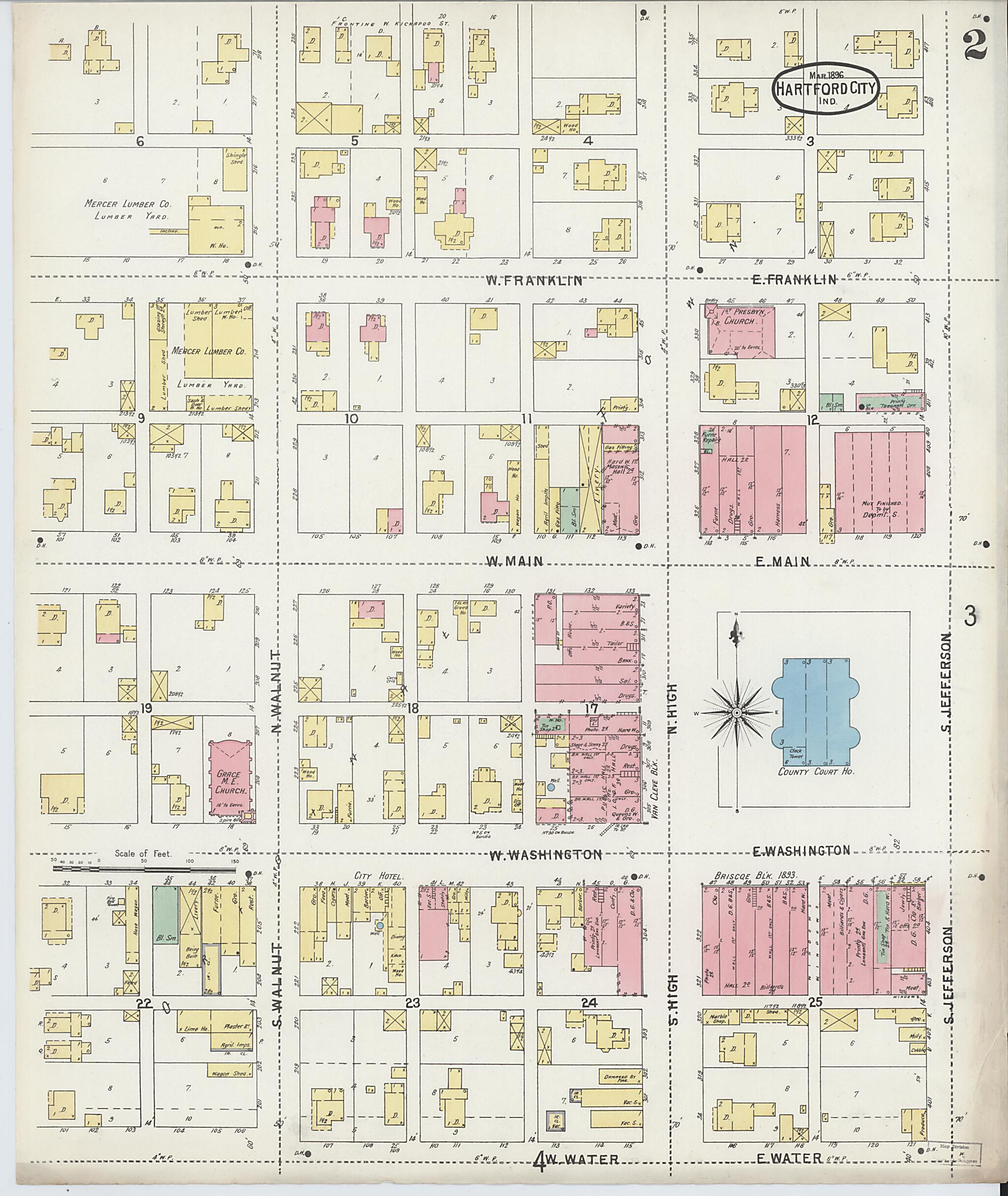 This old map of Hartford City, Blackford County, Indiana was created by Sanborn Map Company in 1896