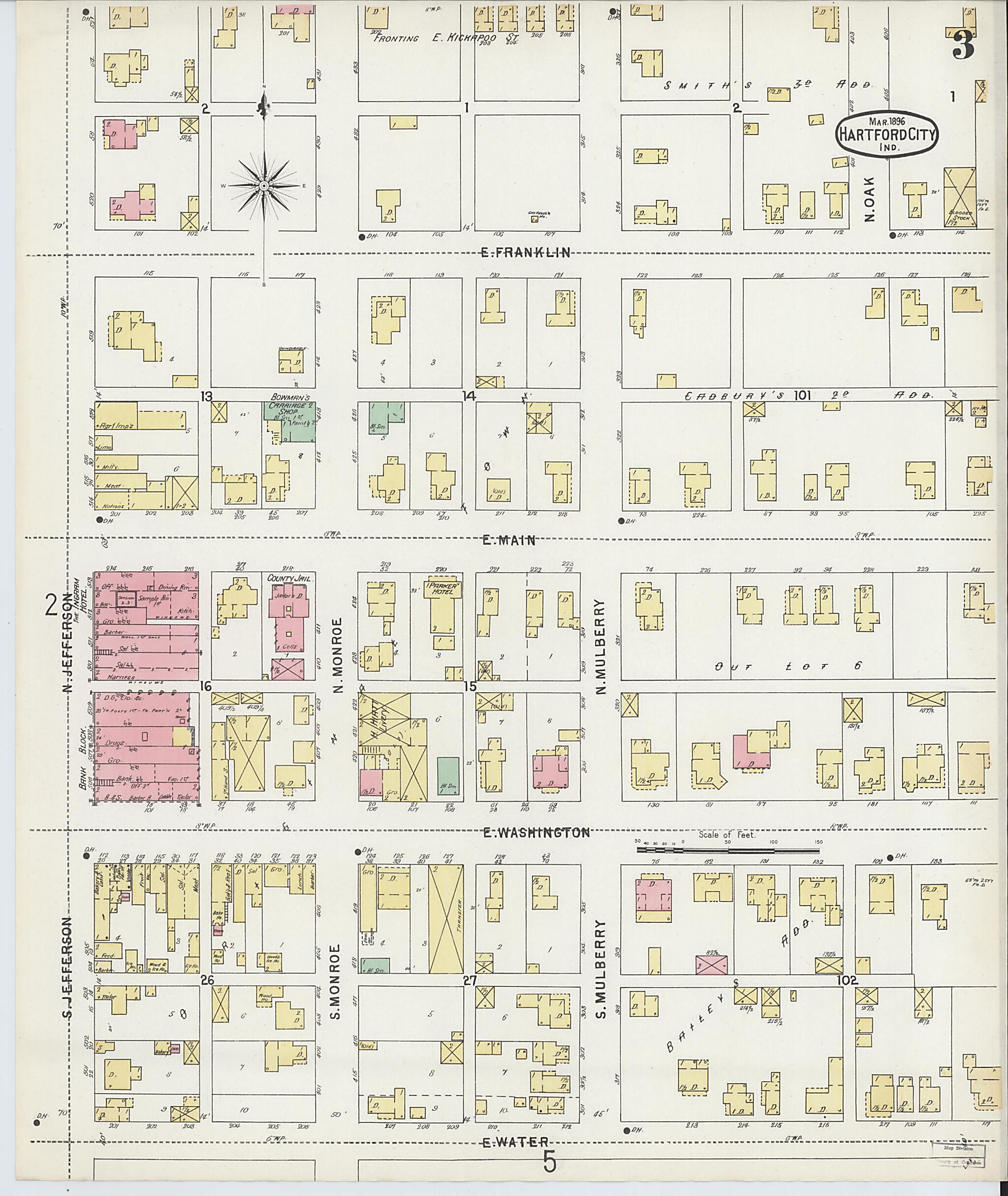 This old map of Hartford City, Blackford County, Indiana was created by Sanborn Map Company in 1896