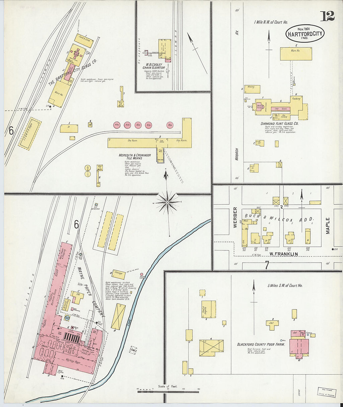 This old map of Hartford City, Blackford County, Indiana was created by Sanborn Map Company in 1901