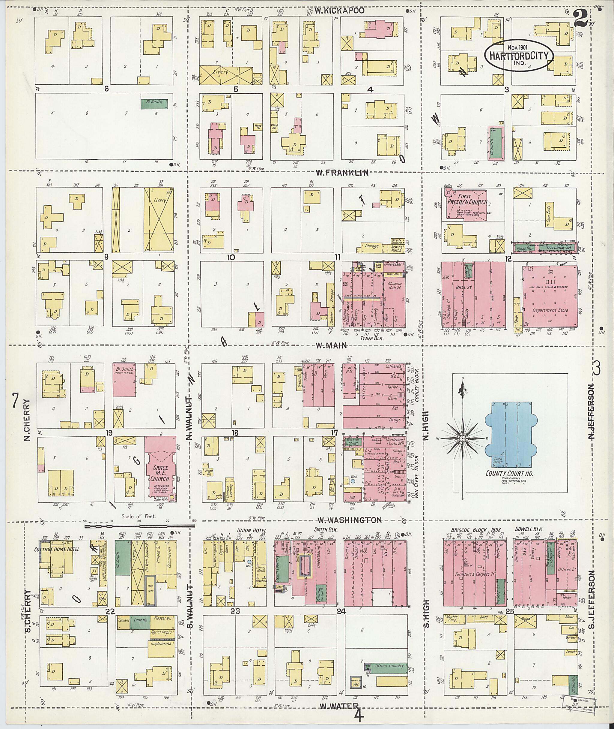 This old map of Hartford City, Blackford County, Indiana was created by Sanborn Map Company in 1901