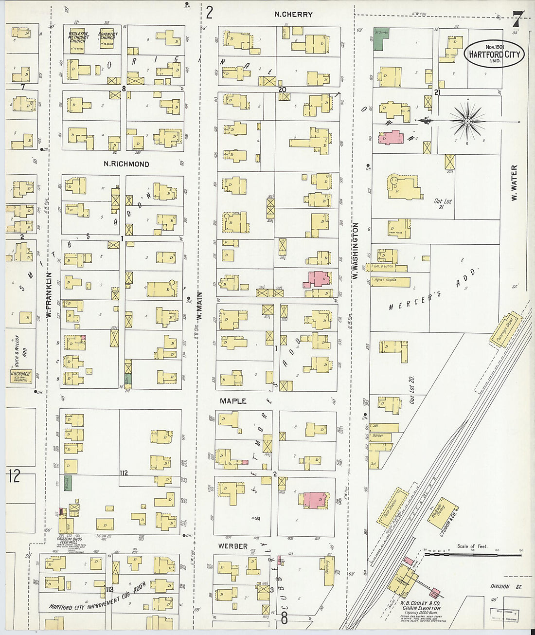 This old map of Hartford City, Blackford County, Indiana was created by Sanborn Map Company in 1901