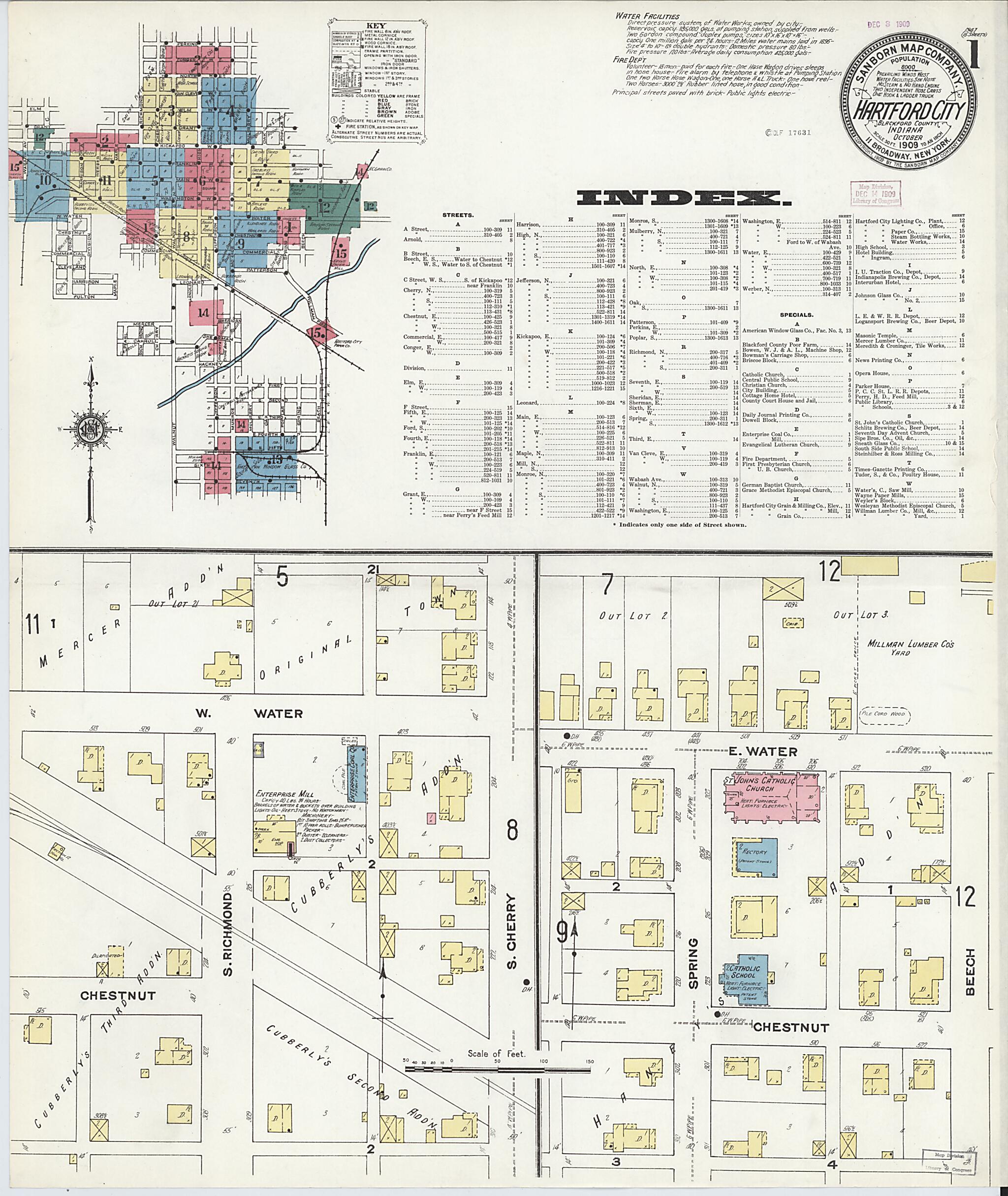 This old map of Hartford City, Blackford County, Indiana was created by Sanborn Map Company in 1909