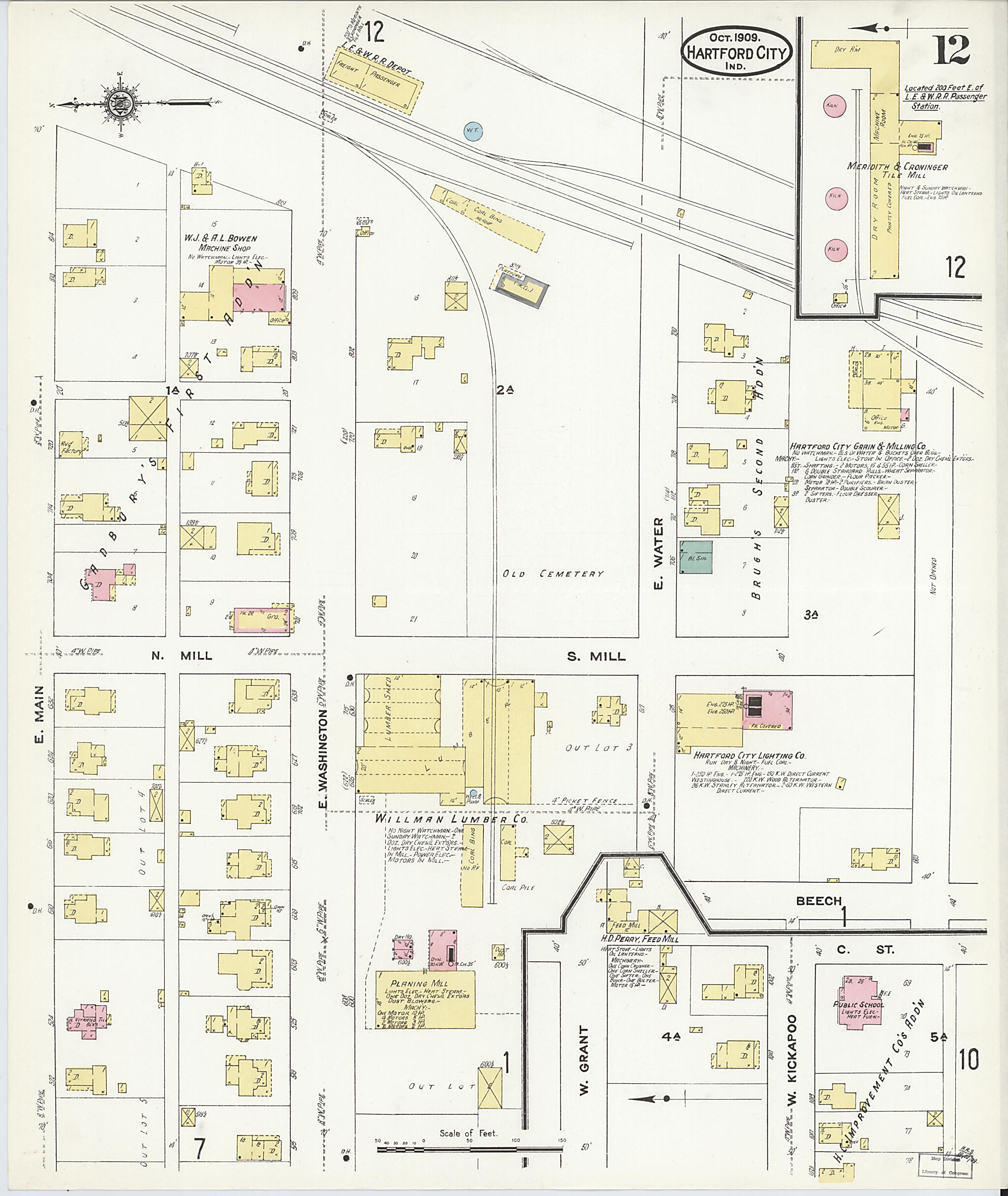 This old map of Hartford City, Blackford County, Indiana was created by Sanborn Map Company in 1909