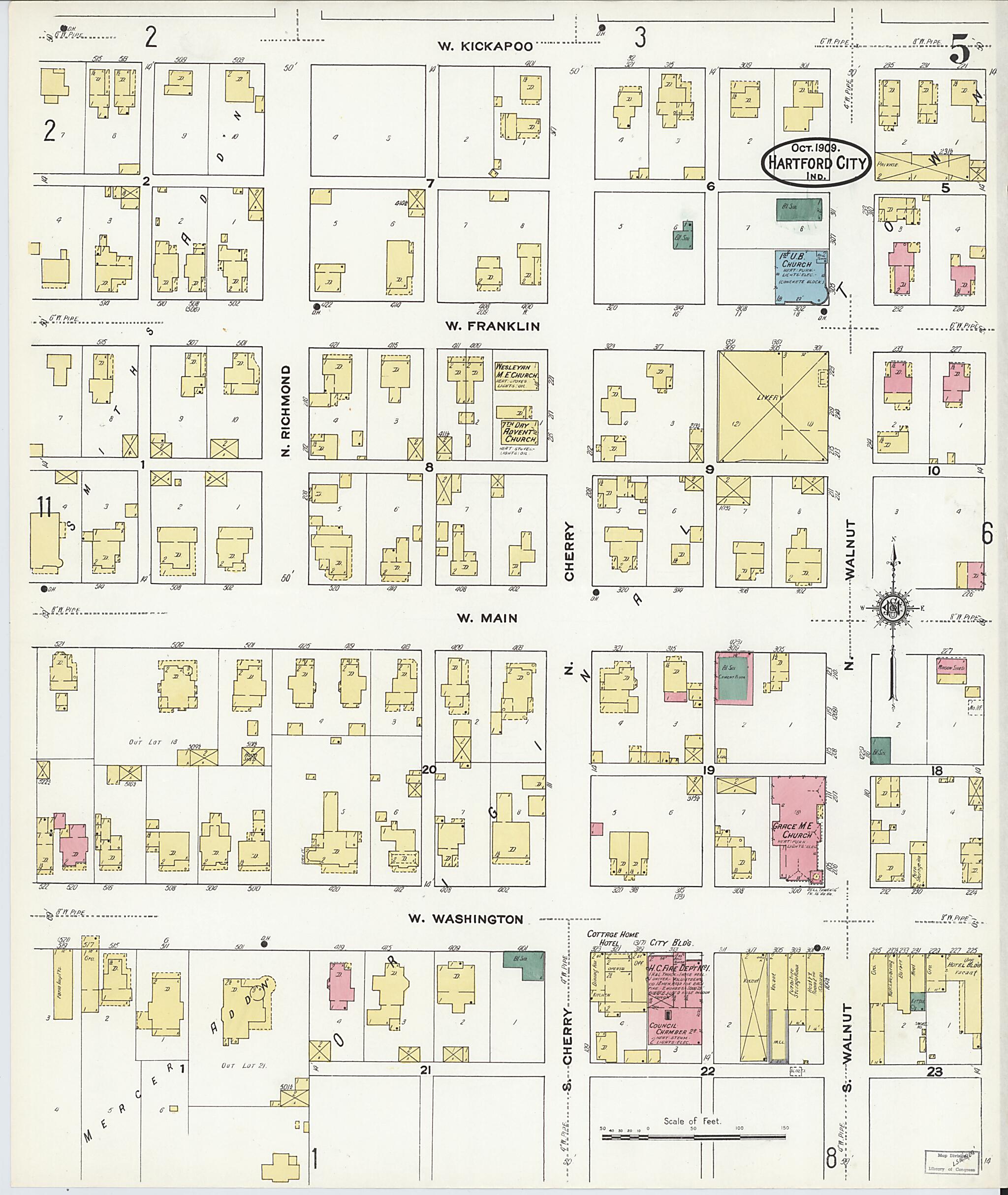 This old map of Hartford City, Blackford County, Indiana was created by Sanborn Map Company in 1909