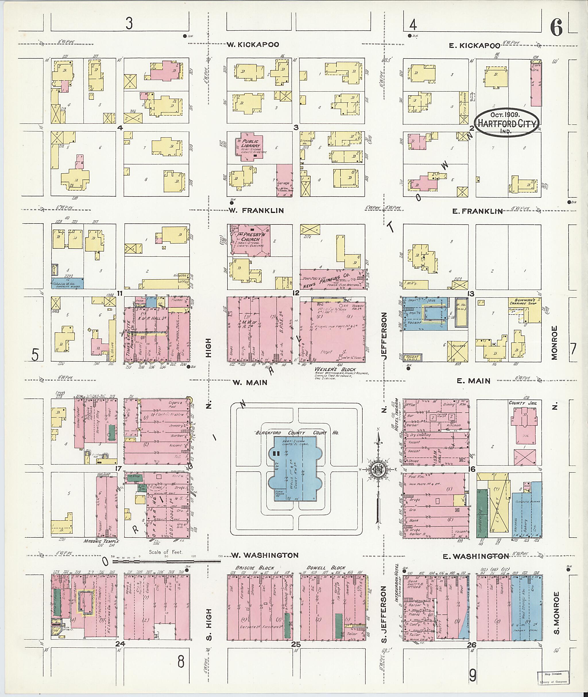 This old map of Hartford City, Blackford County, Indiana was created by Sanborn Map Company in 1909