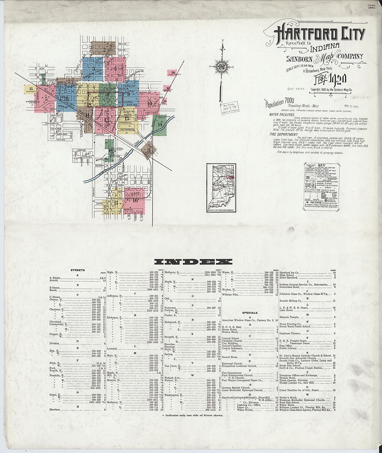 This old map of Hartford City, Blackford County, Indiana was created by Sanborn Map Company in 1920