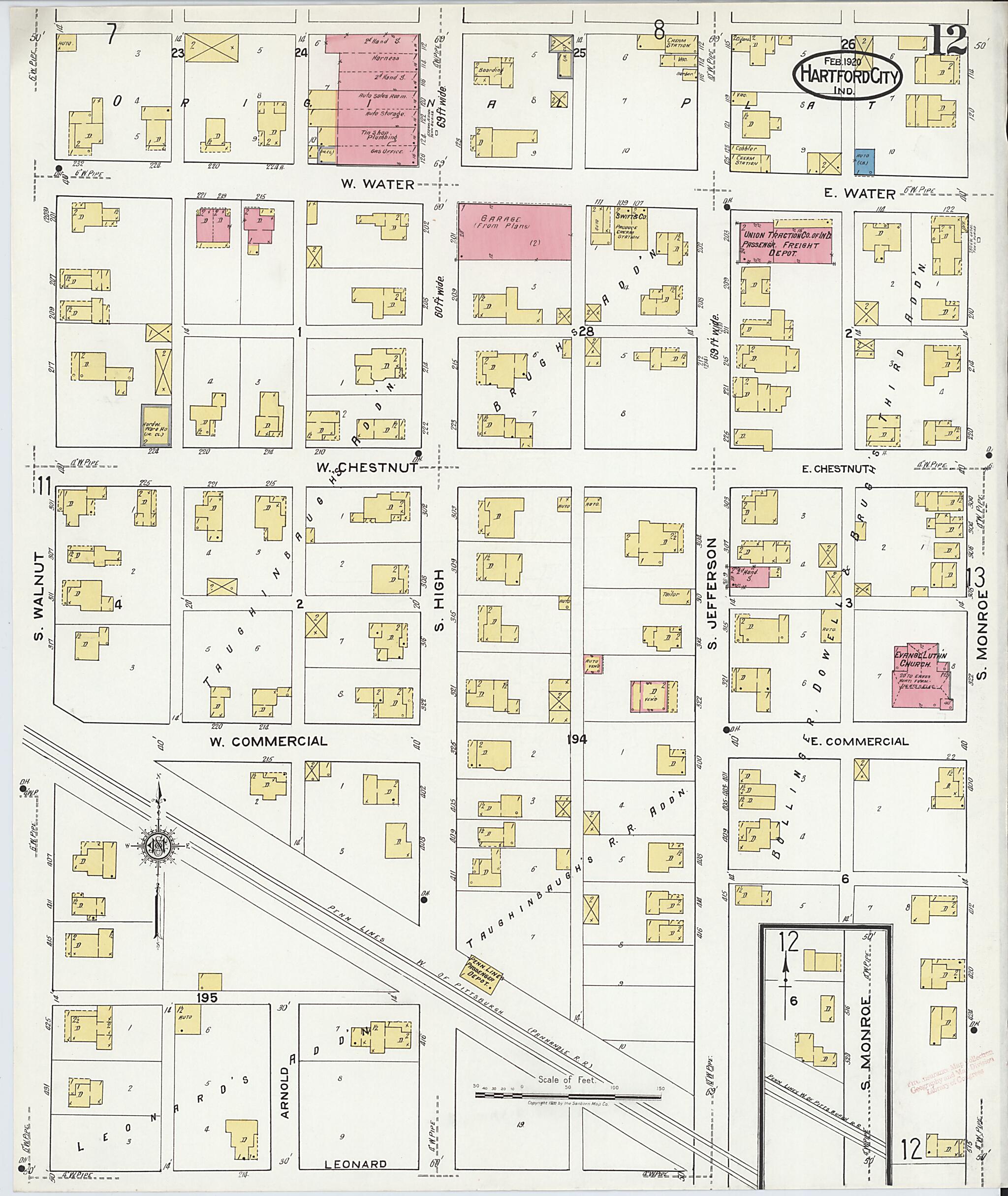 This old map of Hartford City, Blackford County, Indiana was created by Sanborn Map Company in 1920