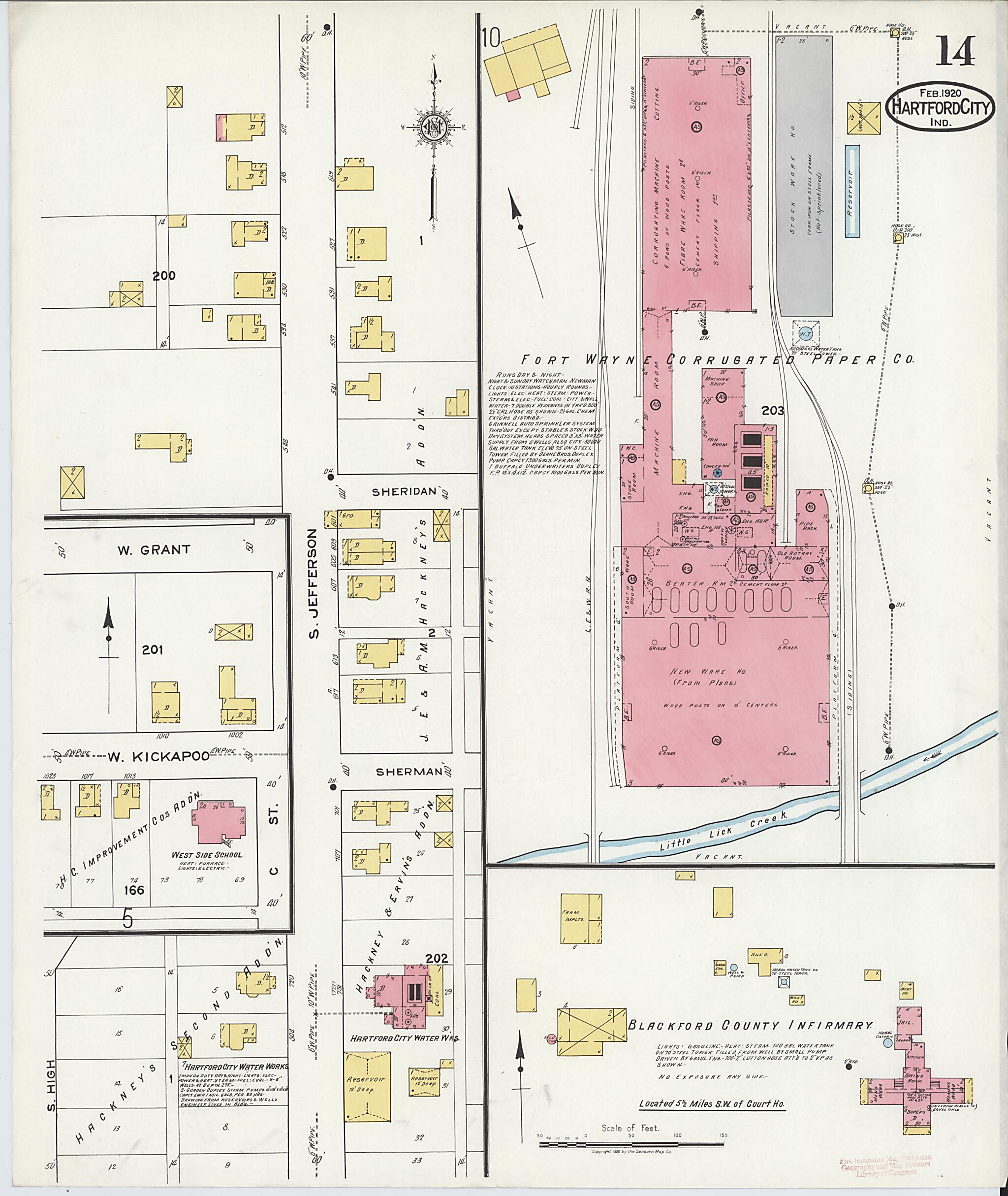 This old map of Hartford City, Blackford County, Indiana was created by Sanborn Map Company in 1920