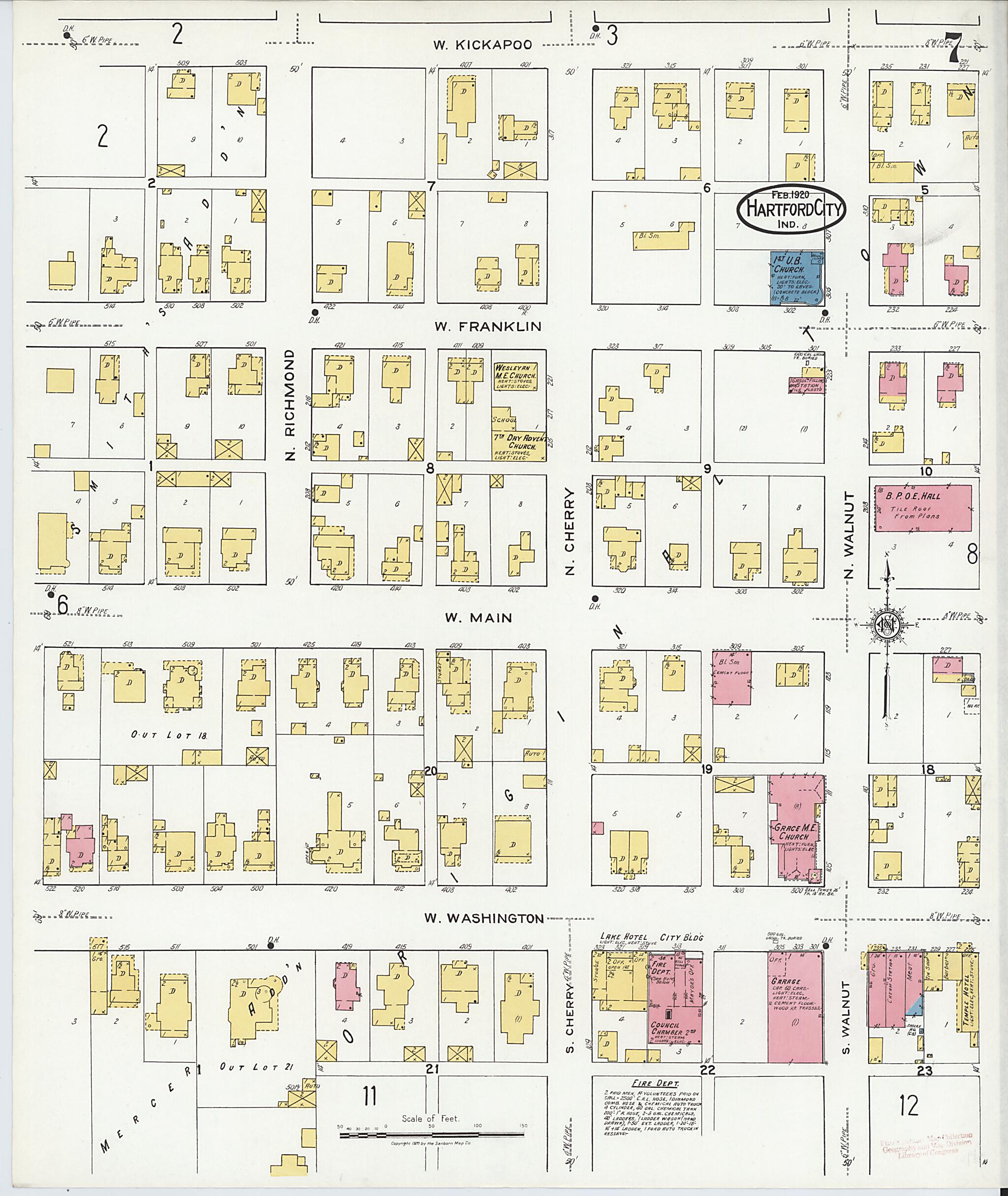 This old map of Hartford City, Blackford County, Indiana was created by Sanborn Map Company in 1920