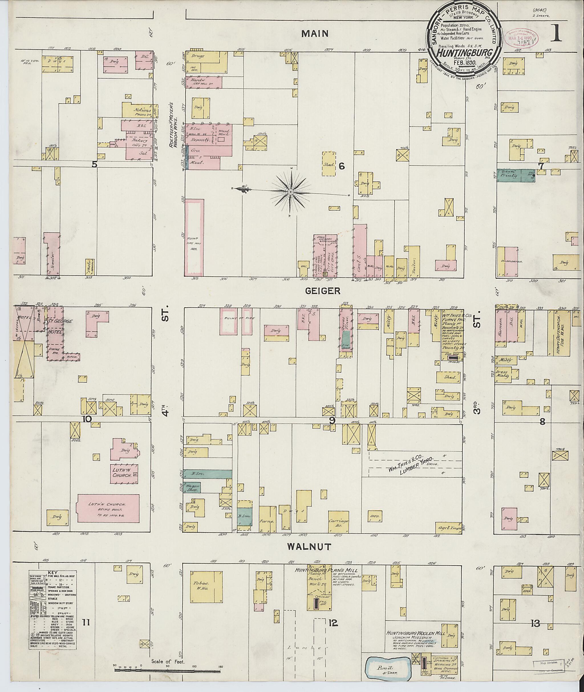 This old map of Huntingburg, Dubois County, Indiana was created by Sanborn Map Company in 1890