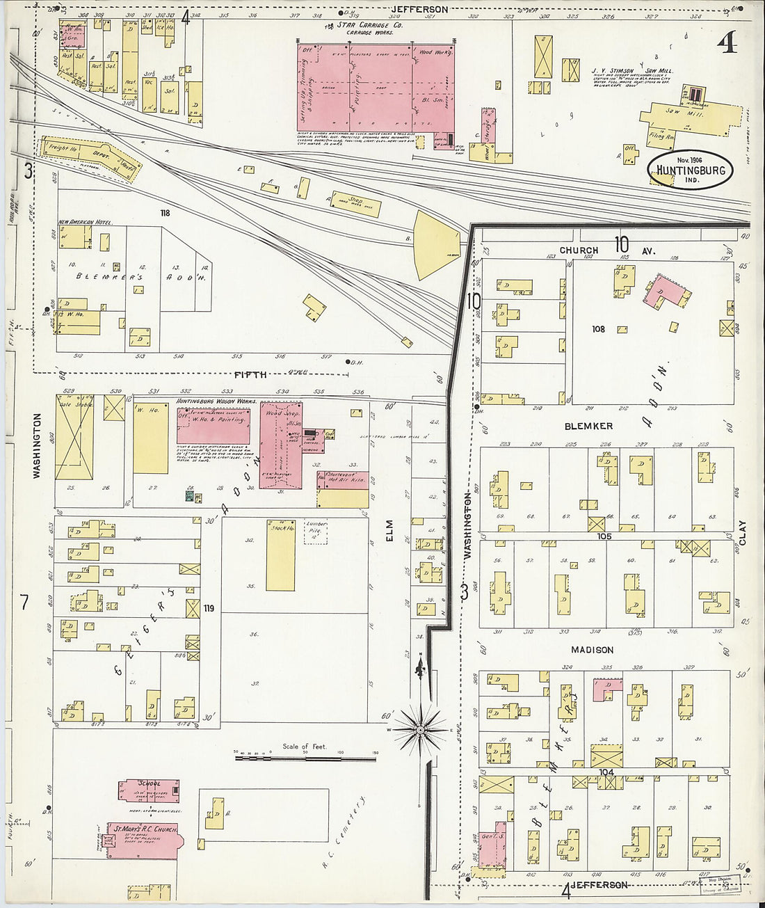 This old map of Huntingburg, Dubois County, Indiana was created by Sanborn Map Company in 1906