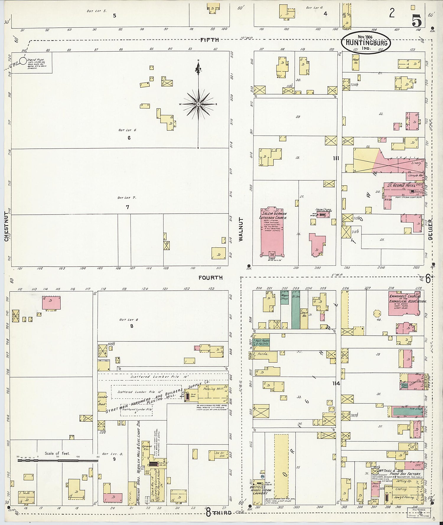 This old map of Huntingburg, Dubois County, Indiana was created by Sanborn Map Company in 1906