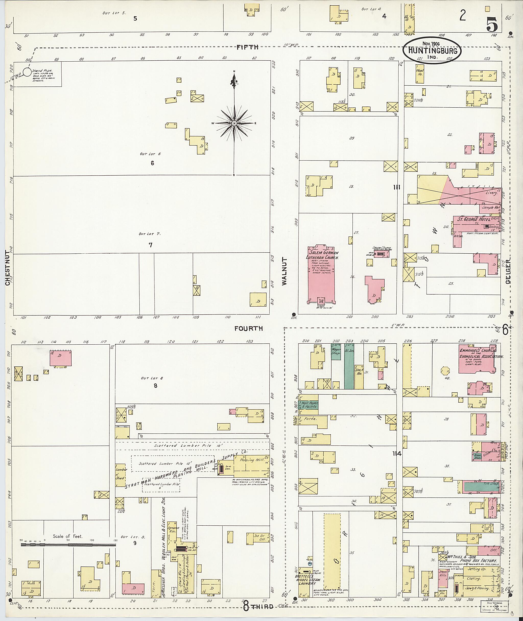 This old map of Huntingburg, Dubois County, Indiana was created by Sanborn Map Company in 1906