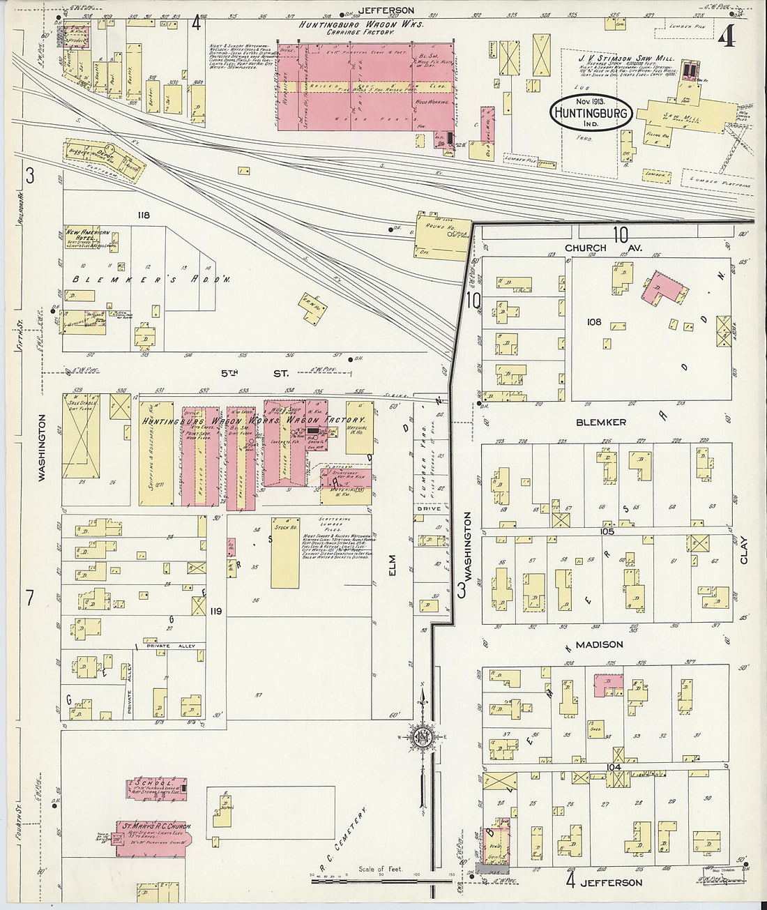 This old map of Huntingburg, Dubois County, Indiana was created by Sanborn Map Company in 1913