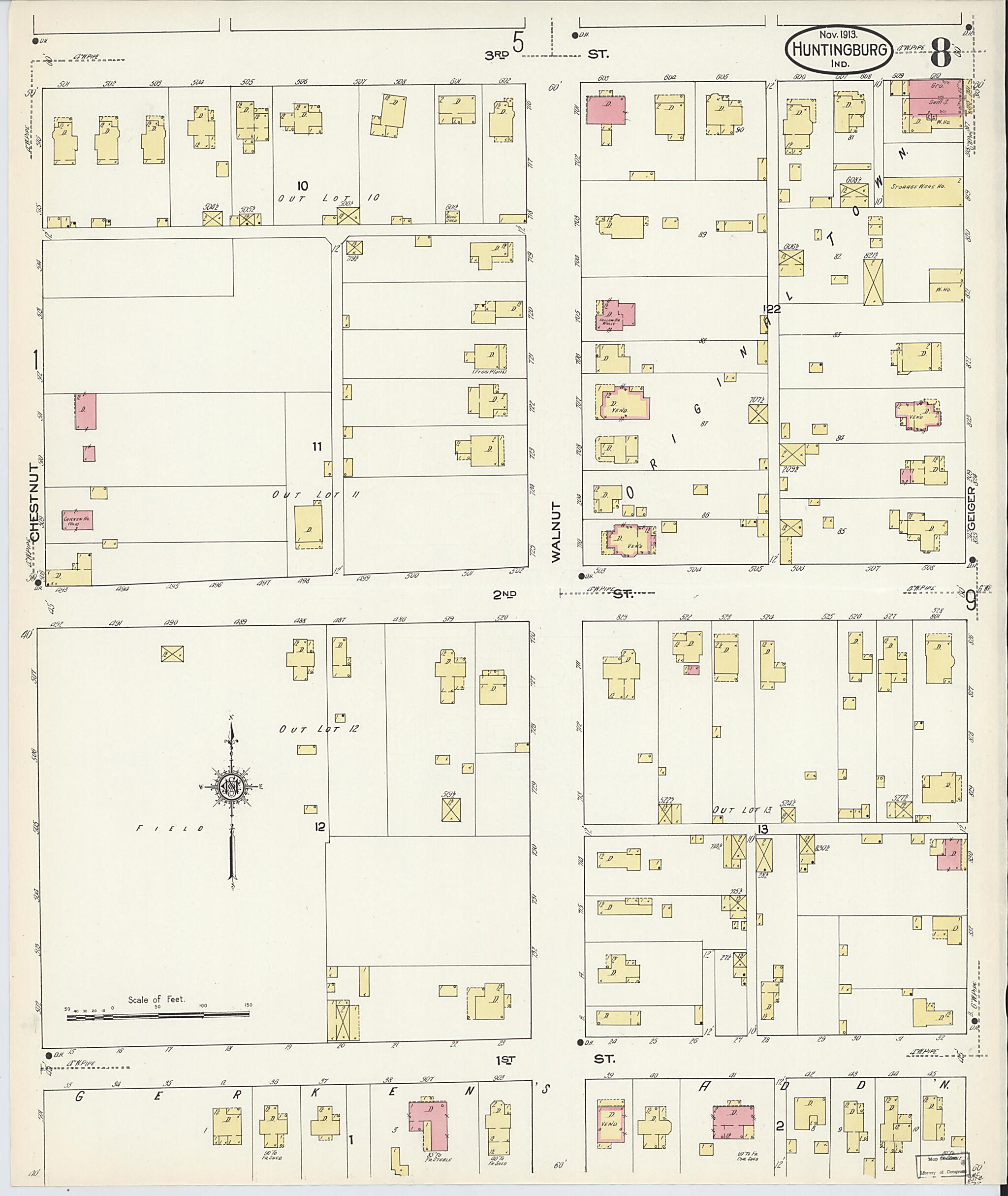 This old map of Huntingburg, Dubois County, Indiana was created by Sanborn Map Company in 1913