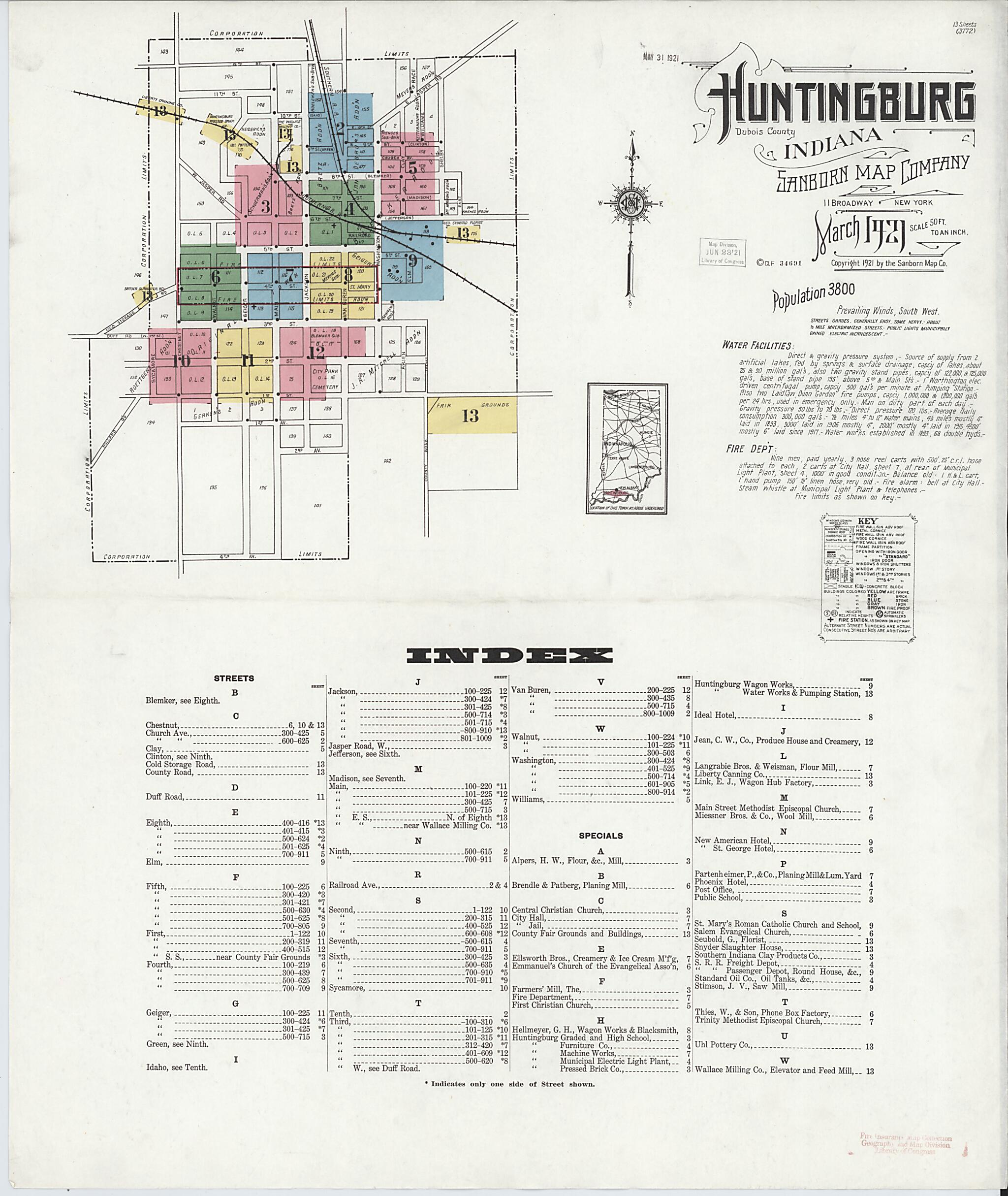 This old map of Huntingburg, Dubois County, Indiana was created by Sanborn Map Company in 1921