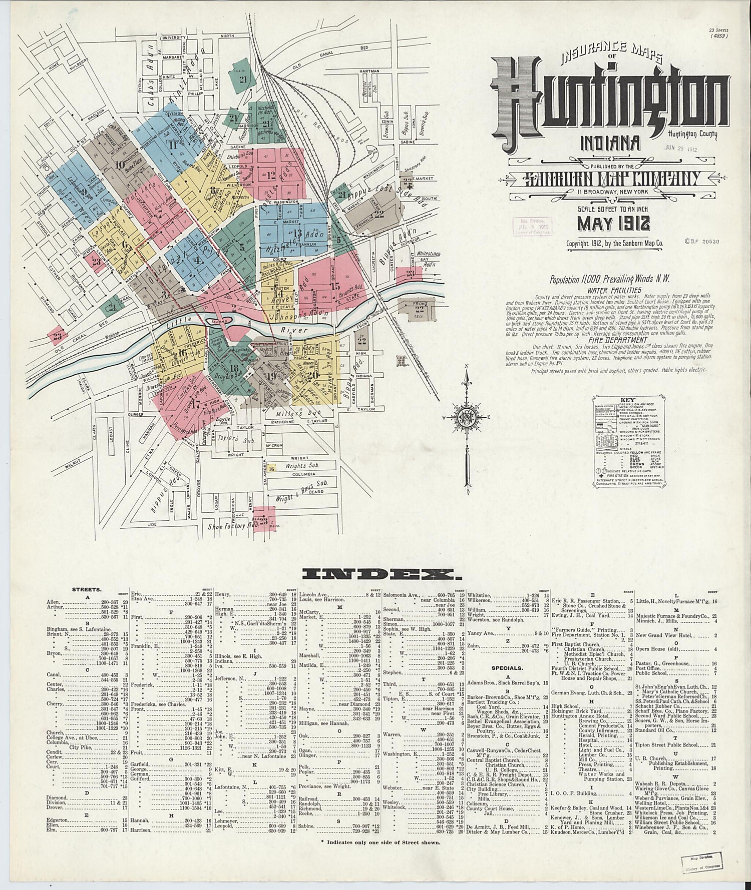 This old map of Huntington, Huntington County, Indiana was created by Sanborn Map Company in 1912