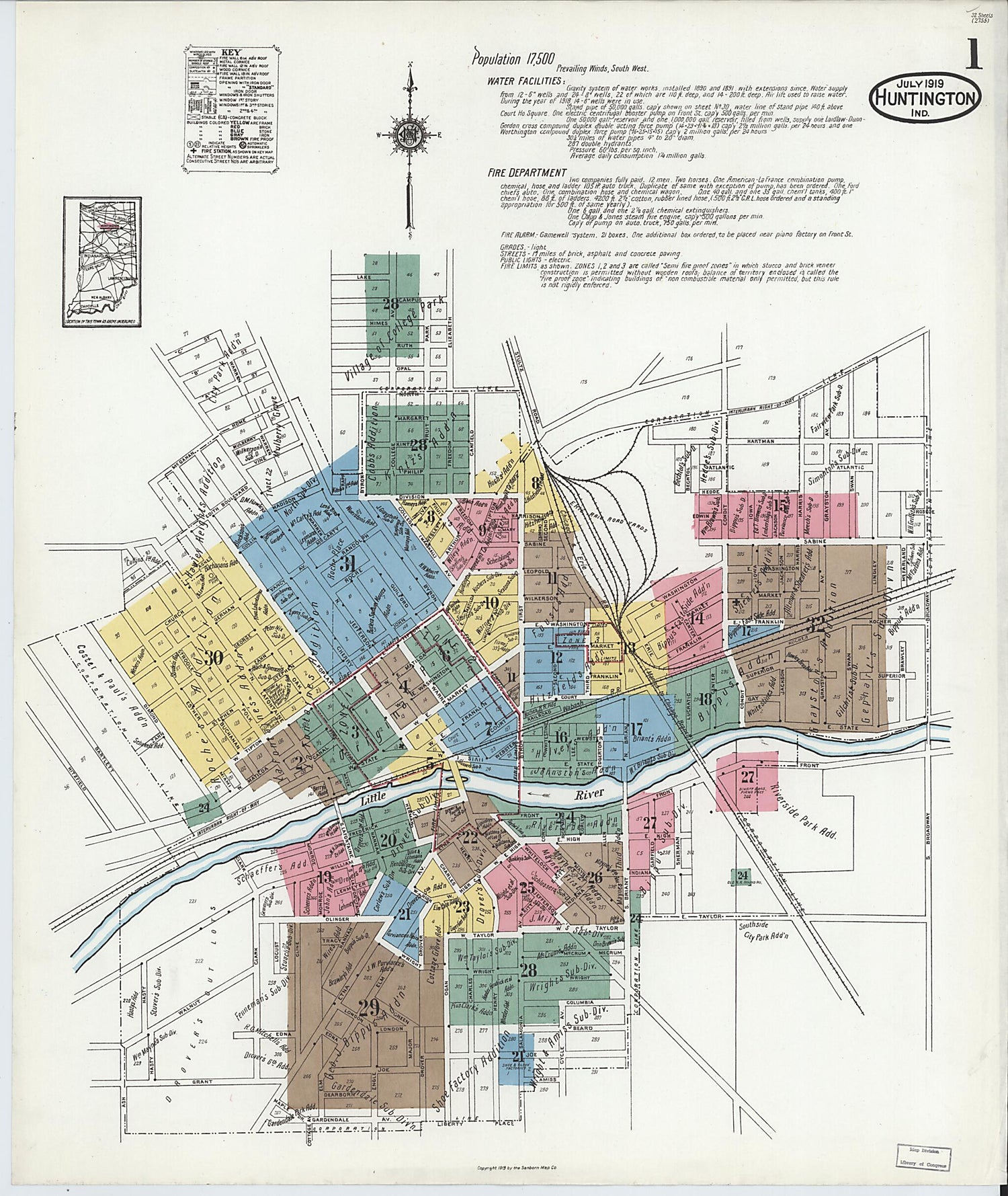 This old map of Huntington, Huntington County, Indiana was created by Sanborn Map Company in 1919