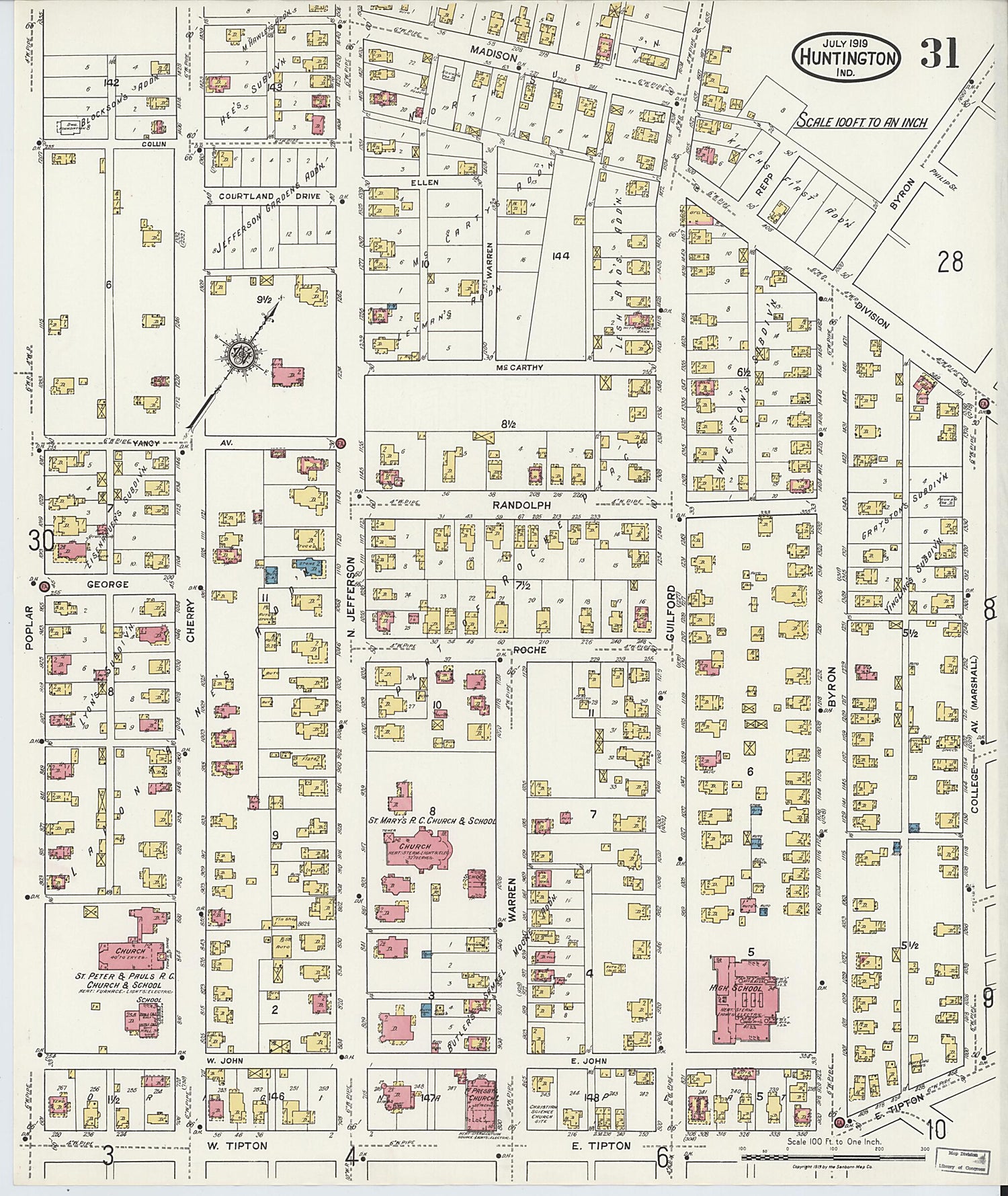 This old map of Huntington, Huntington County, Indiana was created by Sanborn Map Company in 1919