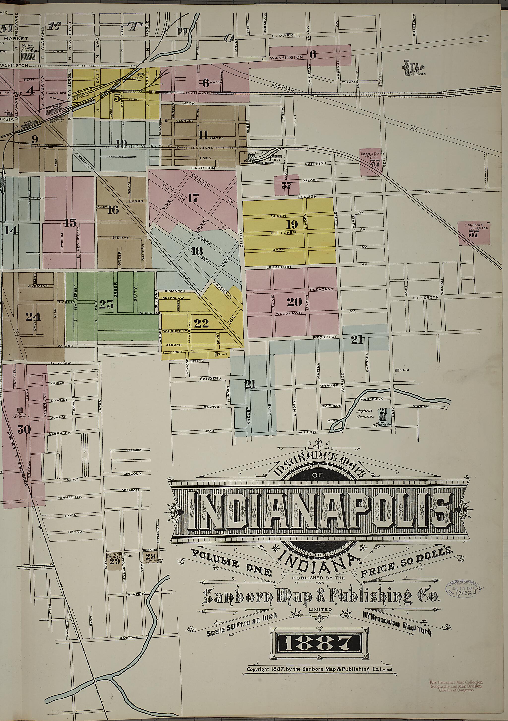 This old map of Indianapolis, Marion County, Indiana was created by Sanborn Map Company in 1887