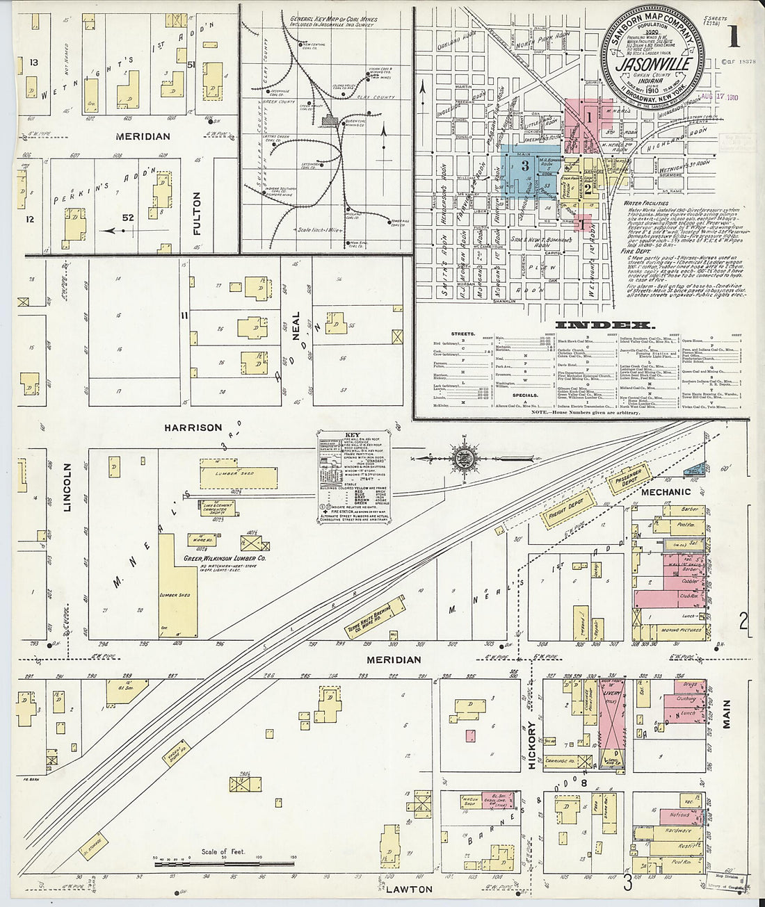 This old map of Jasonville, Greene County, Indiana was created by Sanborn Map Company in 1910