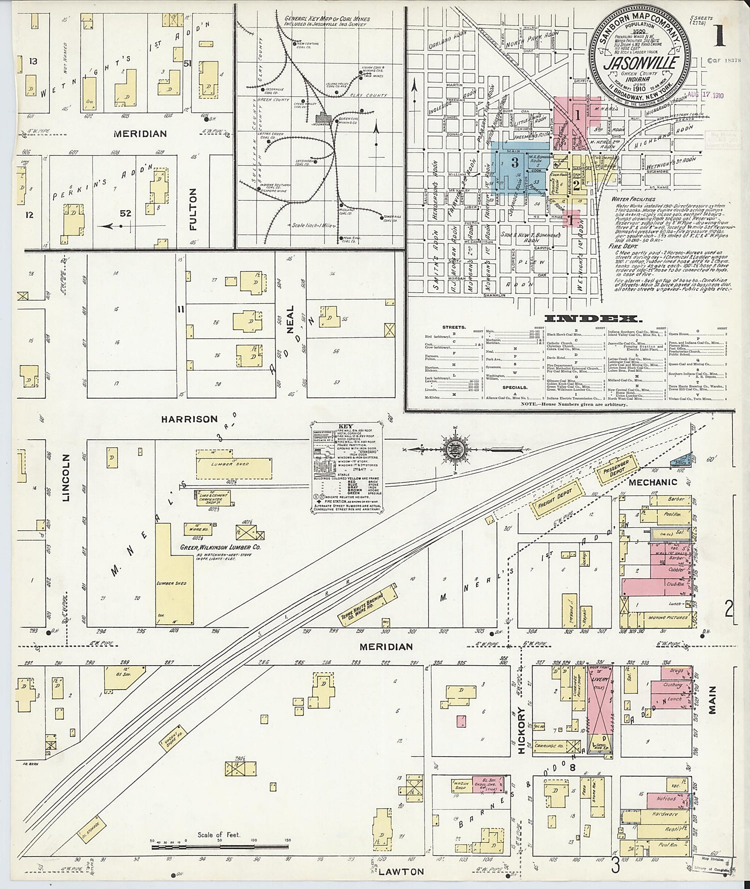 This old map of Jasonville, Greene County, Indiana was created by Sanborn Map Company in 1910