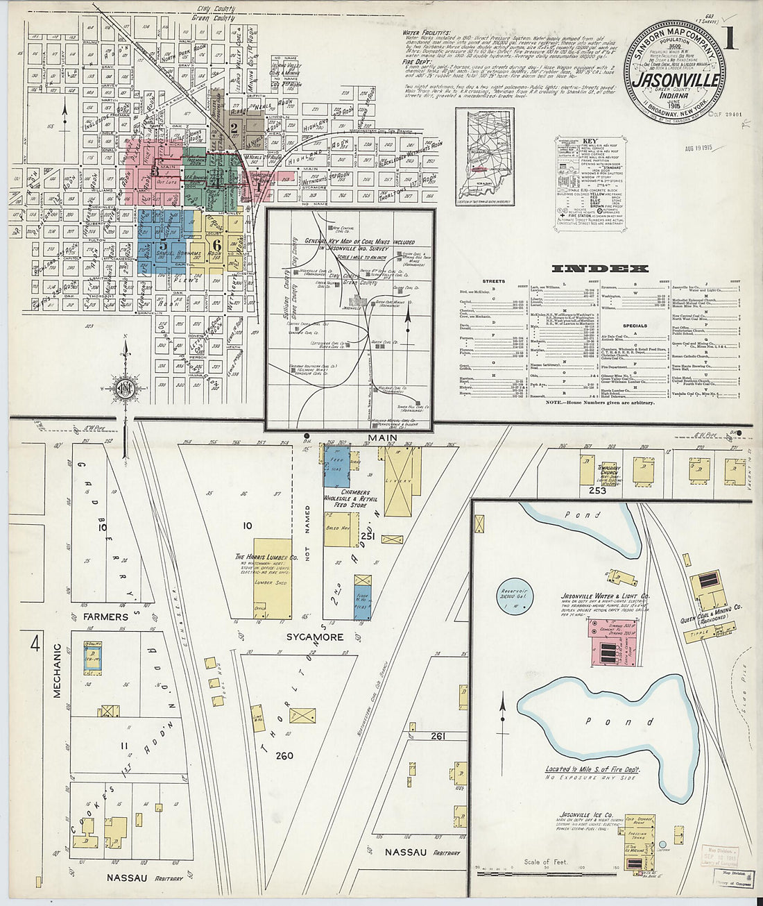 This old map of Jasonville, Greene County, Indiana was created by Sanborn Map Company in 1915