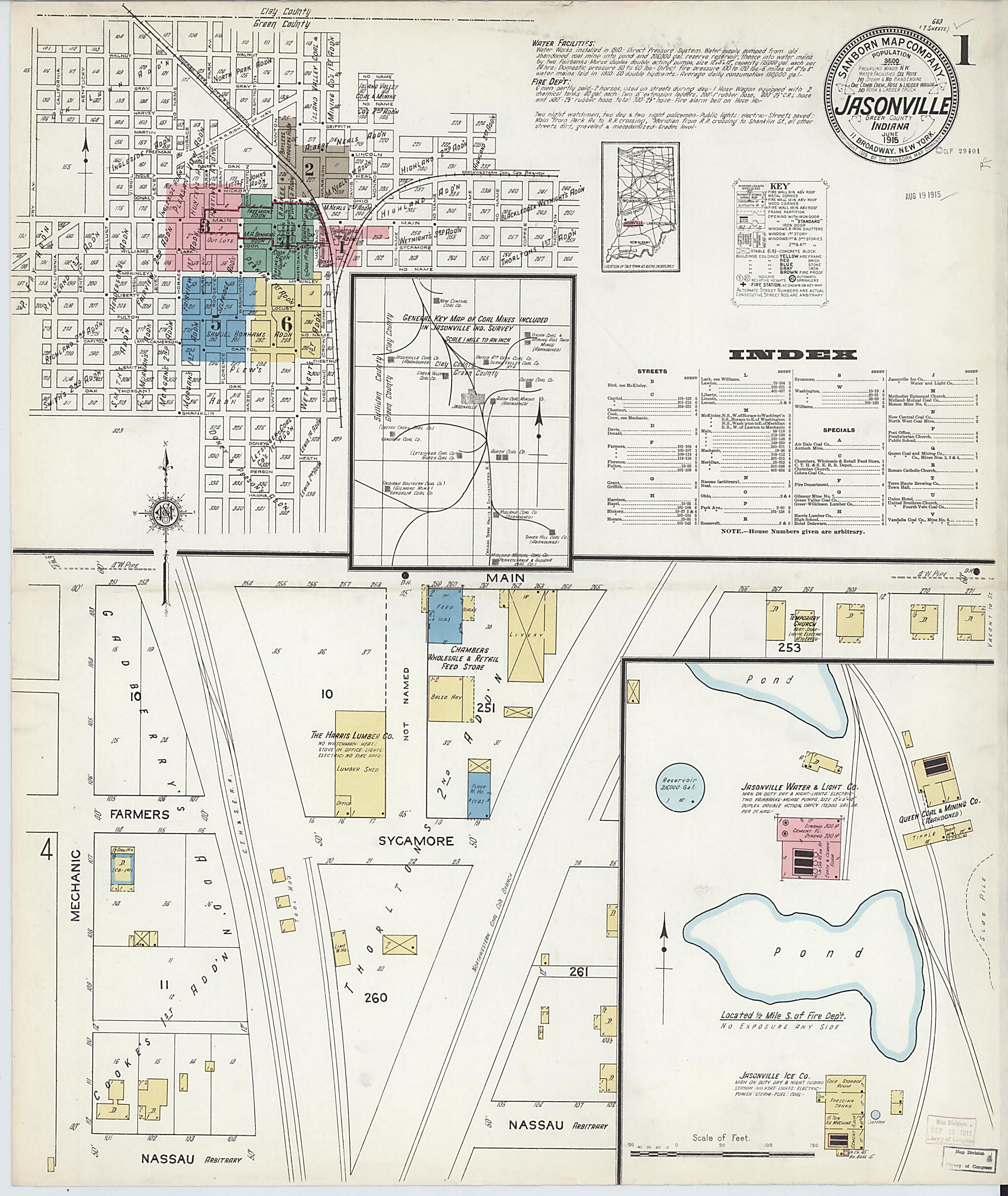 This old map of Jasonville, Greene County, Indiana was created by Sanborn Map Company in 1915