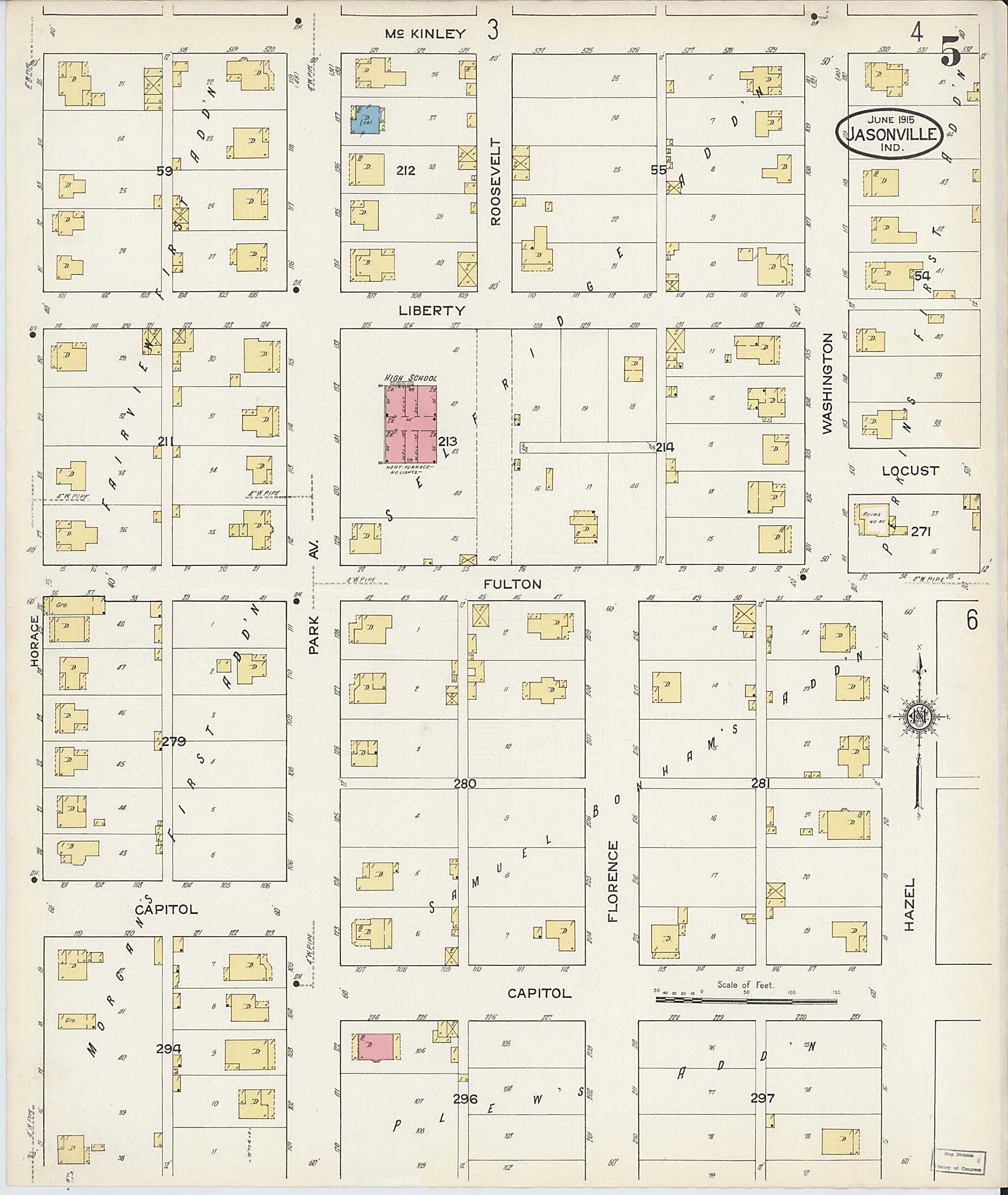 This old map of Jasonville, Greene County, Indiana was created by Sanborn Map Company in 1915