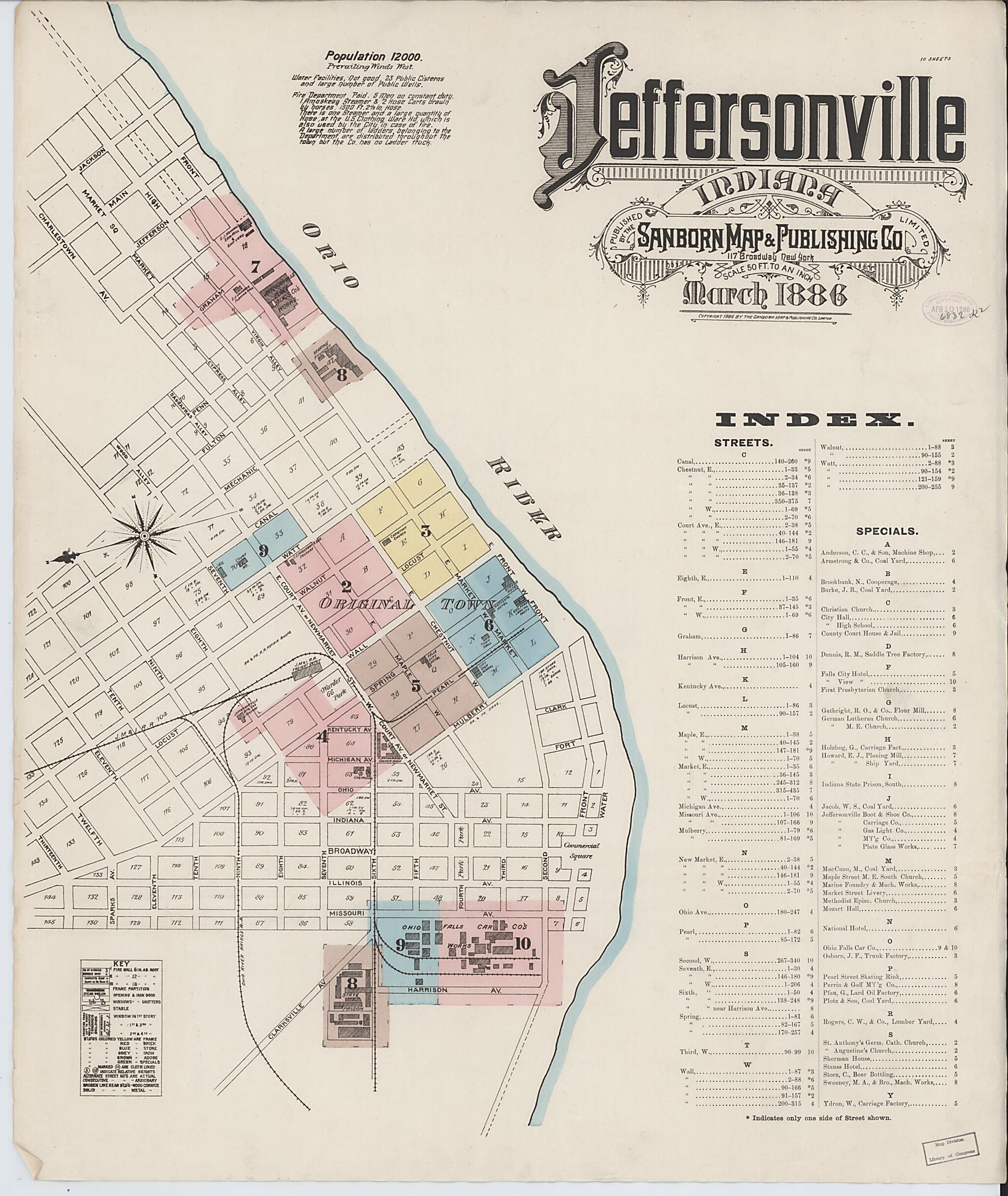 This old map of Jeffersonville, Clark County, Indiana was created by Sanborn Map Company in 1886