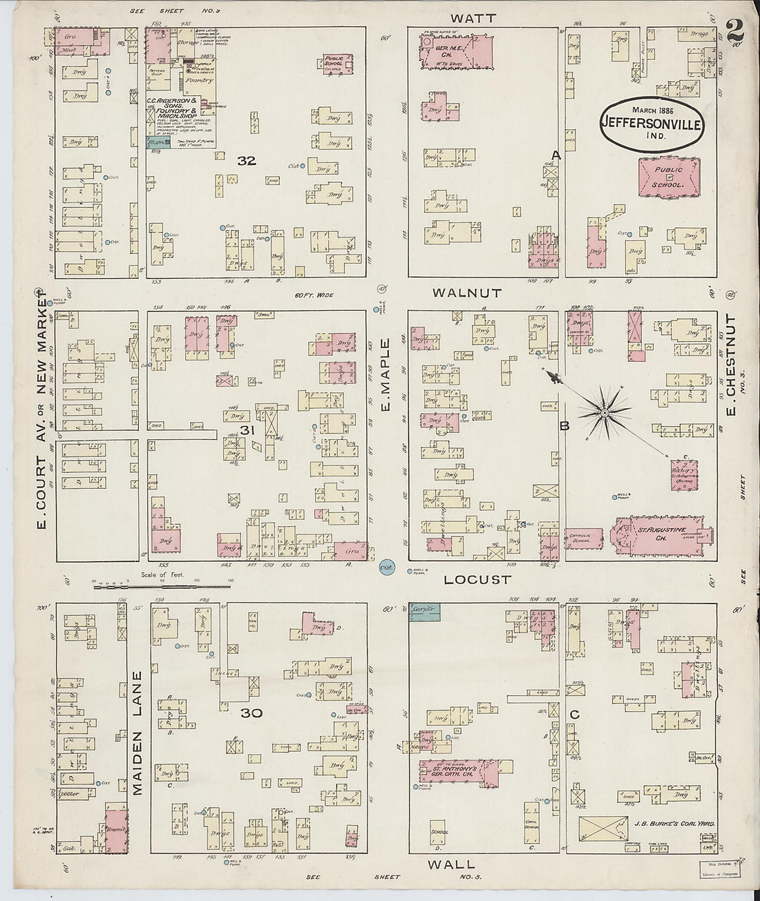 This old map of Jeffersonville, Clark County, Indiana was created by Sanborn Map Company in 1886