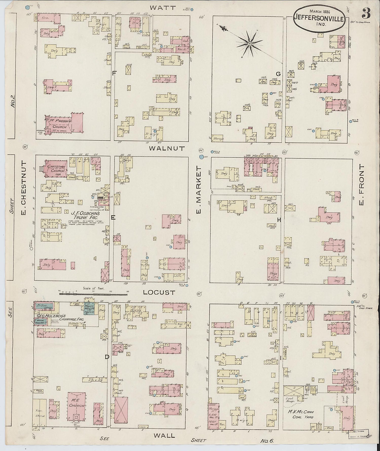 This old map of Jeffersonville, Clark County, Indiana was created by Sanborn Map Company in 1886