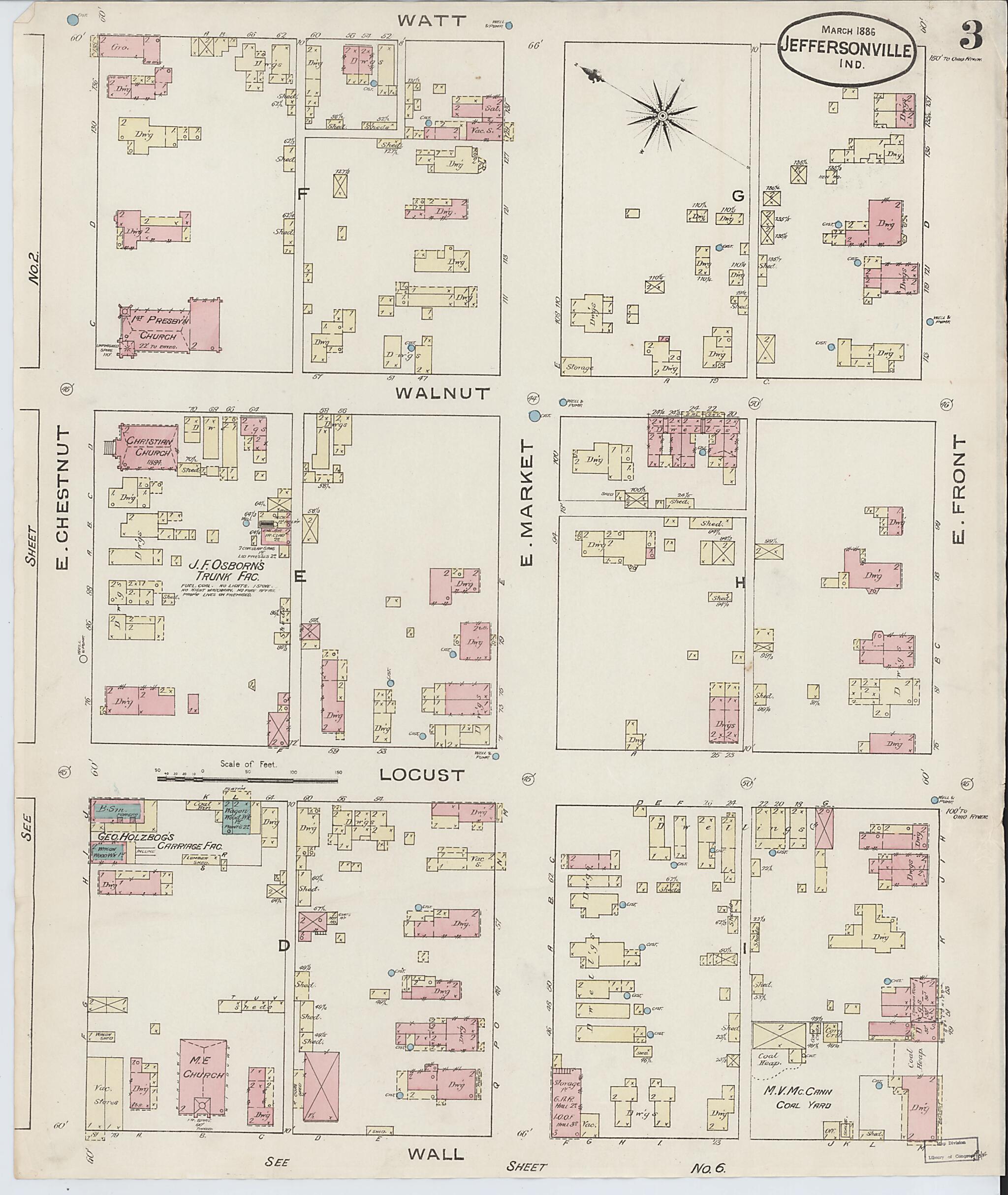 This old map of Jeffersonville, Clark County, Indiana was created by Sanborn Map Company in 1886