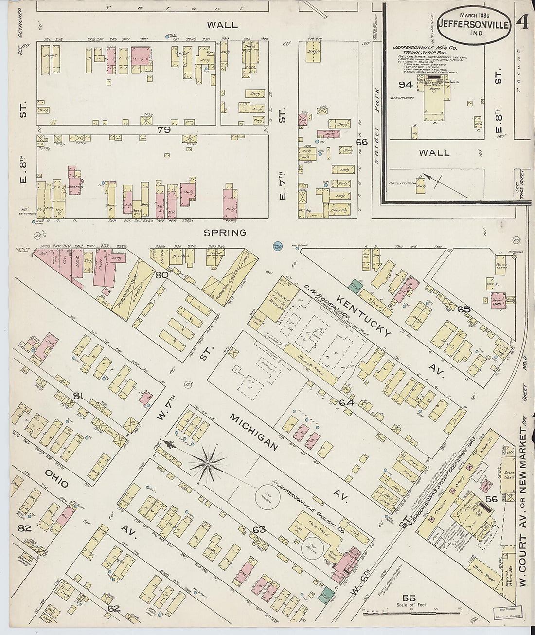 This old map of Jeffersonville, Clark County, Indiana was created by Sanborn Map Company in 1886