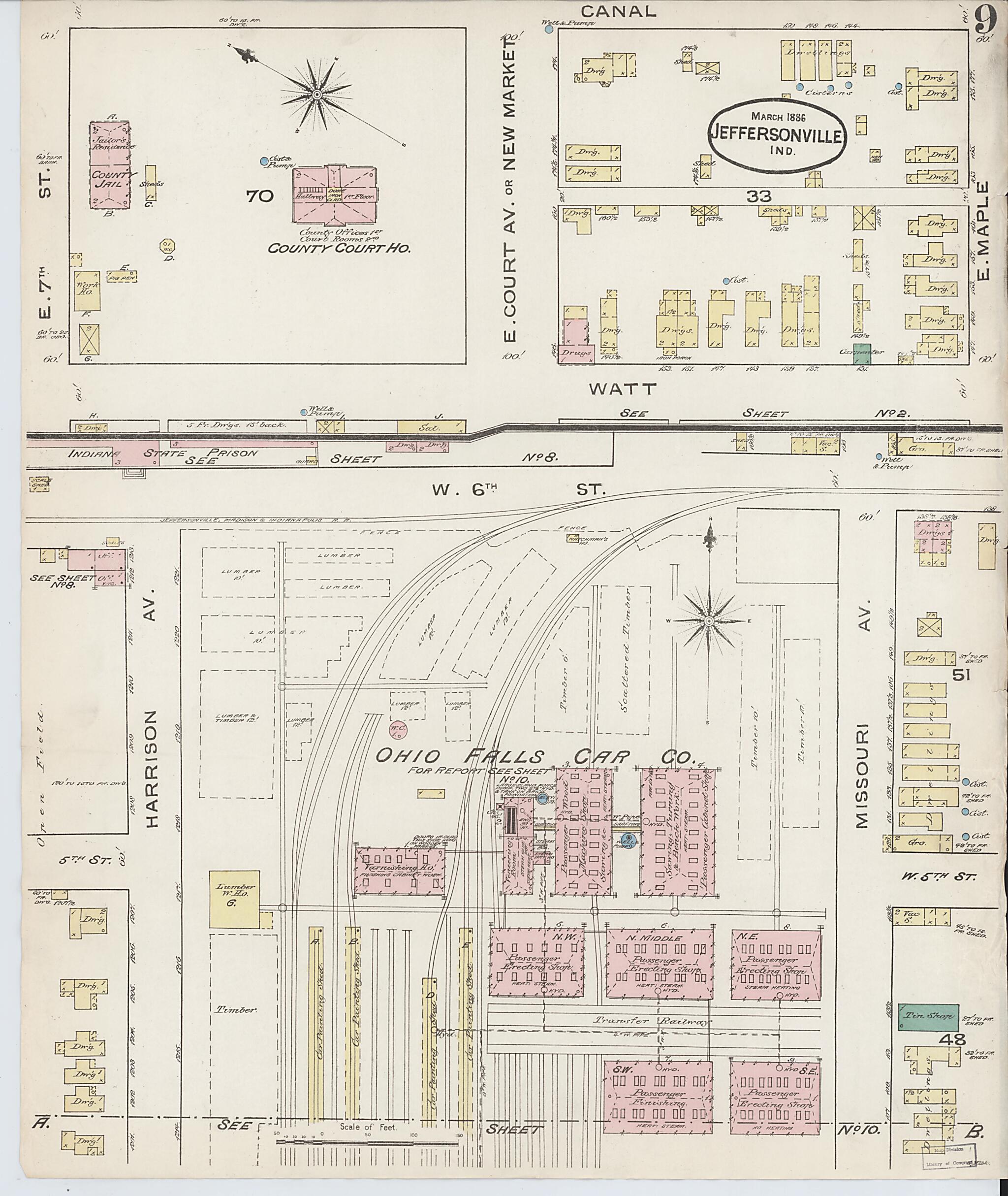 This old map of Jeffersonville, Clark County, Indiana was created by Sanborn Map Company in 1886