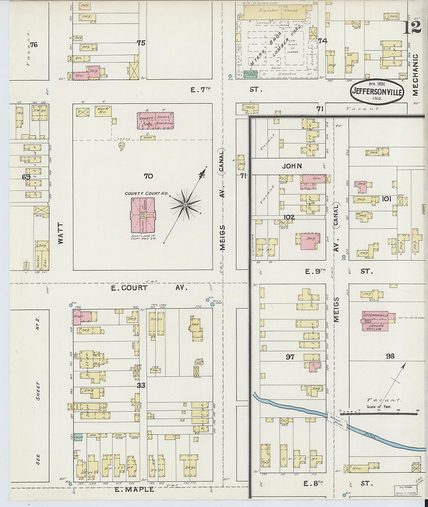 This old map of Jeffersonville, Clark County, Indiana was created by Sanborn Map Company in 1891