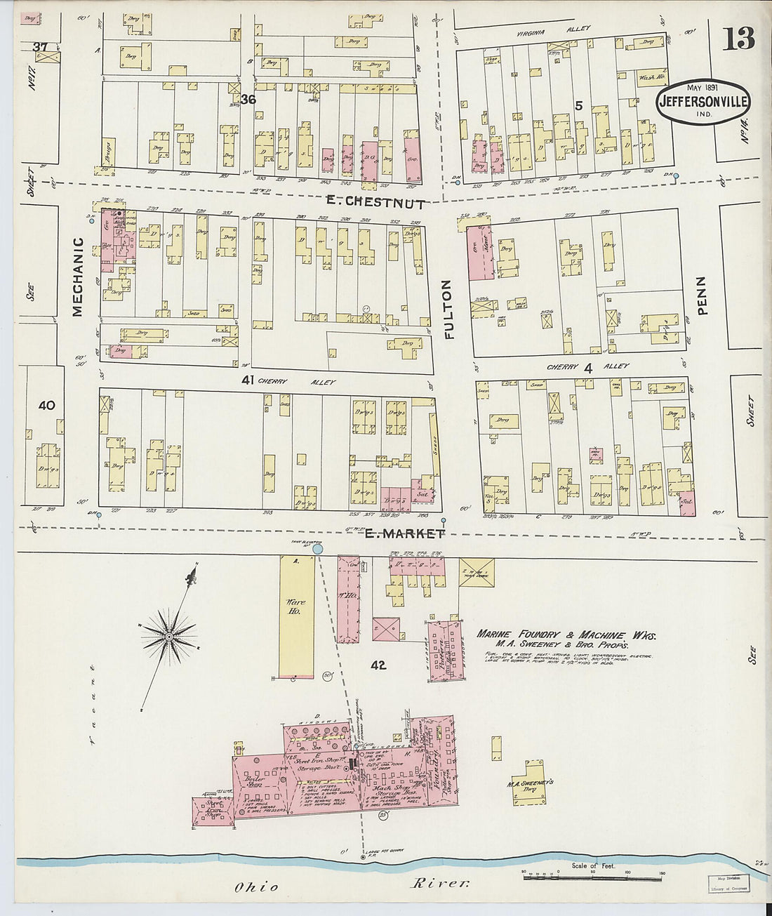 This old map of Jeffersonville, Clark County, Indiana was created by Sanborn Map Company in 1891