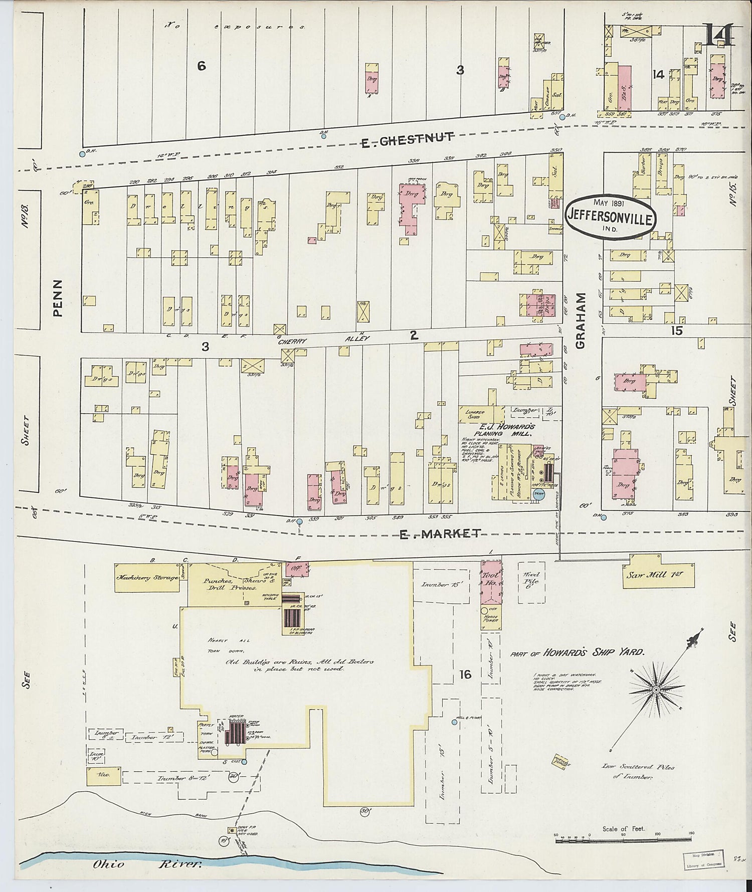 This old map of Jeffersonville, Clark County, Indiana was created by Sanborn Map Company in 1891