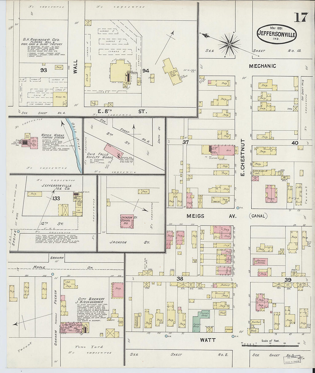 This old map of Jeffersonville, Clark County, Indiana was created by Sanborn Map Company in 1891