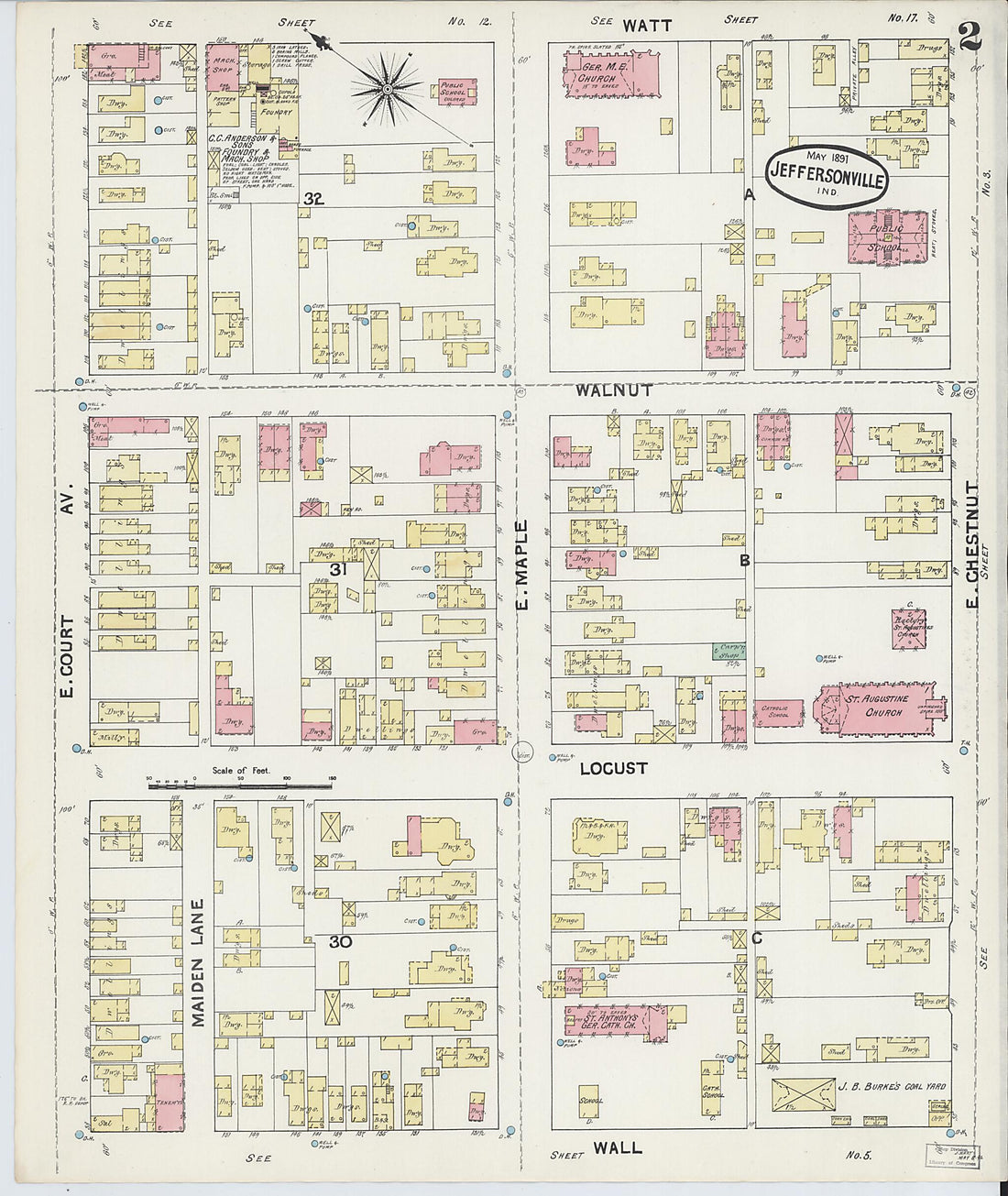 This old map of Jeffersonville, Clark County, Indiana was created by Sanborn Map Company in 1891