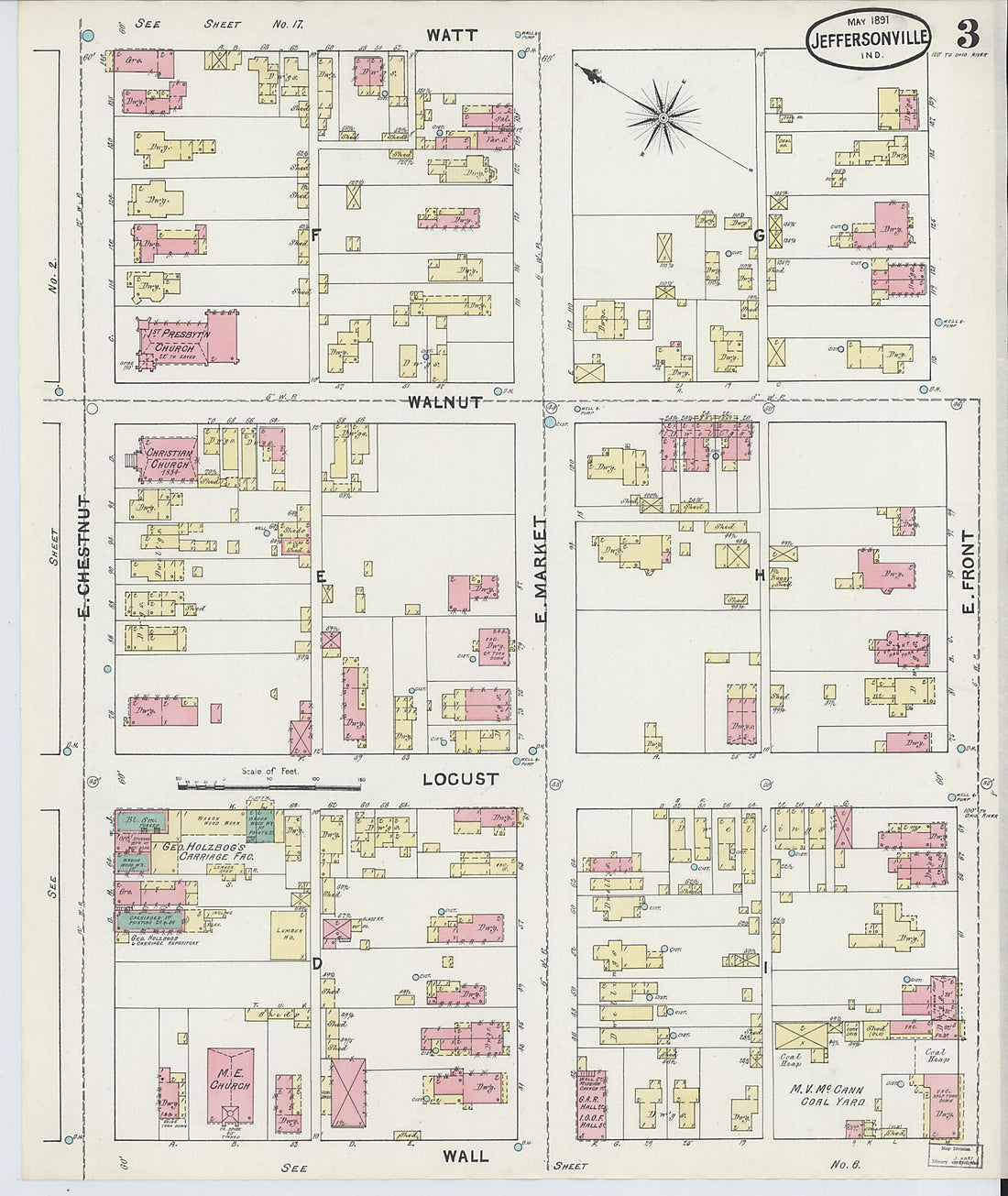 This old map of Jeffersonville, Clark County, Indiana was created by Sanborn Map Company in 1891