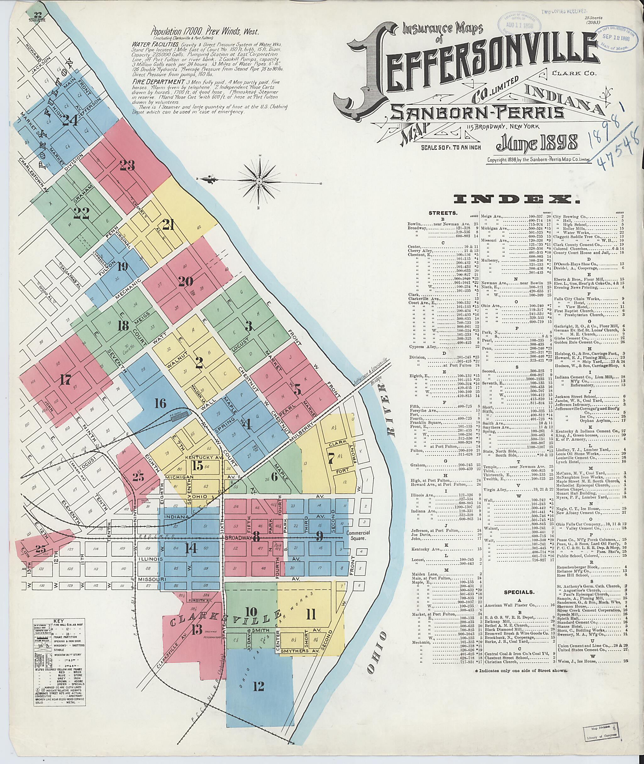 This old map of Jeffersonville, Clark County, Indiana was created by Sanborn Map Company in 1898