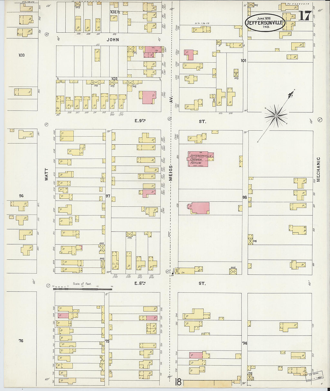 This old map of Jeffersonville, Clark County, Indiana was created by Sanborn Map Company in 1898