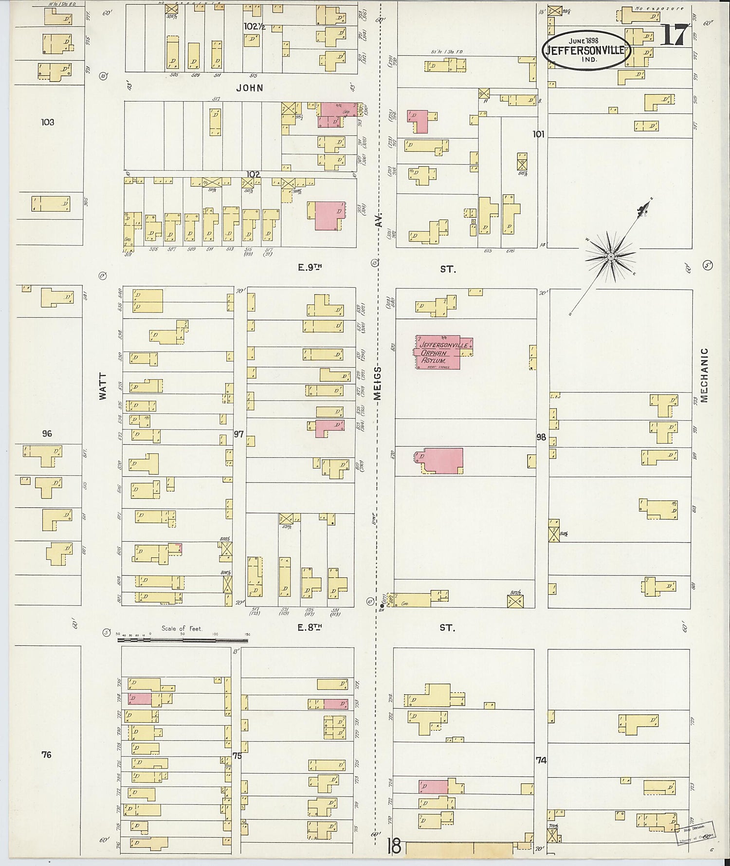 This old map of Jeffersonville, Clark County, Indiana was created by Sanborn Map Company in 1898